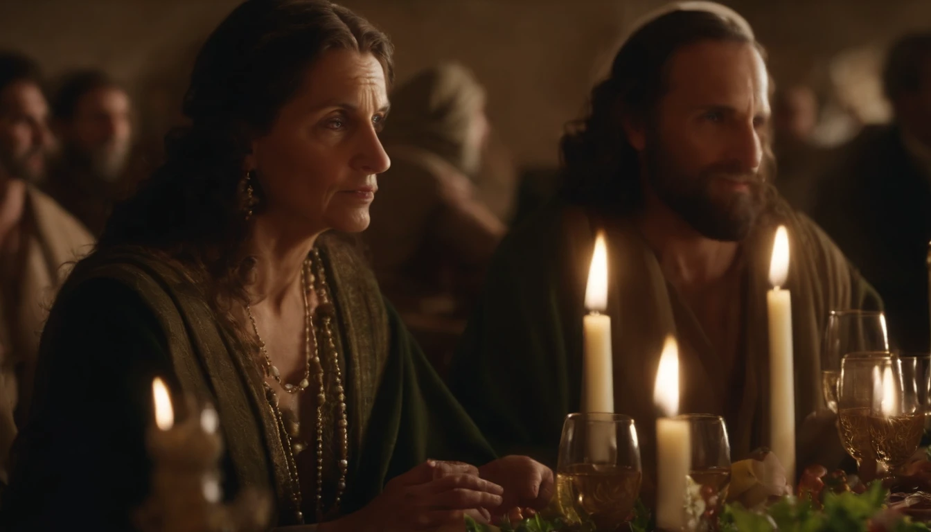 the mother of Jesus Christ talking to him at the wedding feast at Cana in Galilee to let him know that the wine had run out. Bible passage. Biblical Image of Simplicity