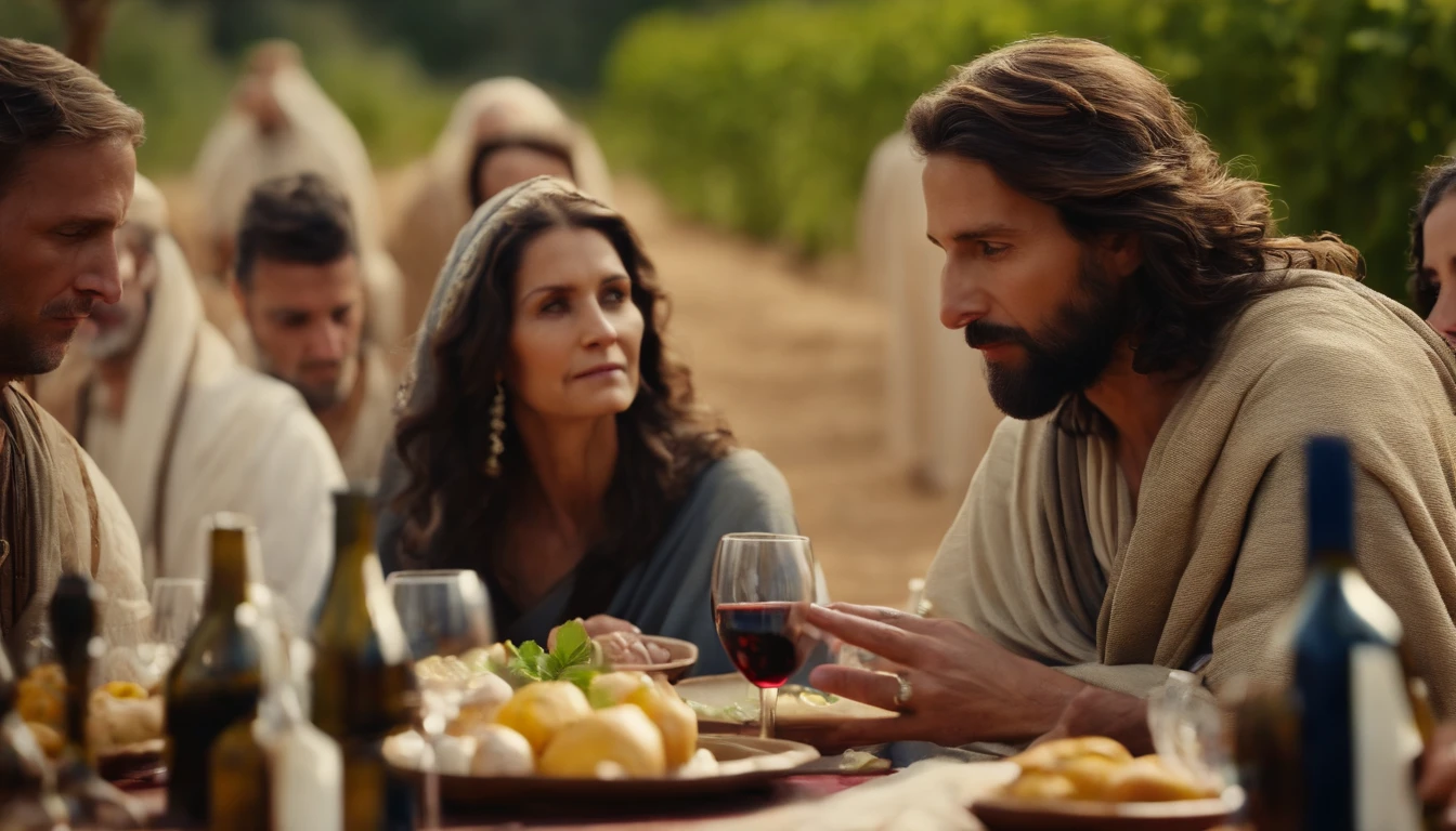 the mother of Jesus Christ talking to him at the wedding feast at Cana in Galilee to let him know that the wine had run out. Bible passage. Biblical Image of Simplicity