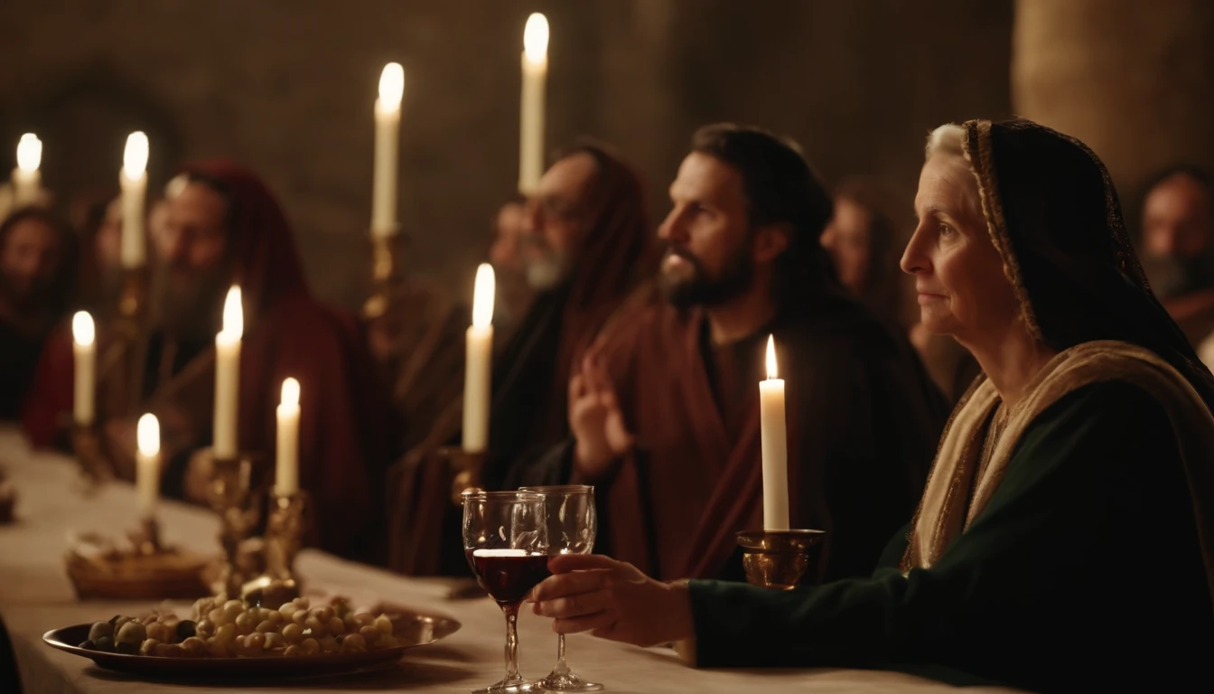 the mother of Jesus Christ talking to him at the wedding feast at Cana in Galilee to let him know that the wine had run out. Bible passage. Biblical Image of Simplicity