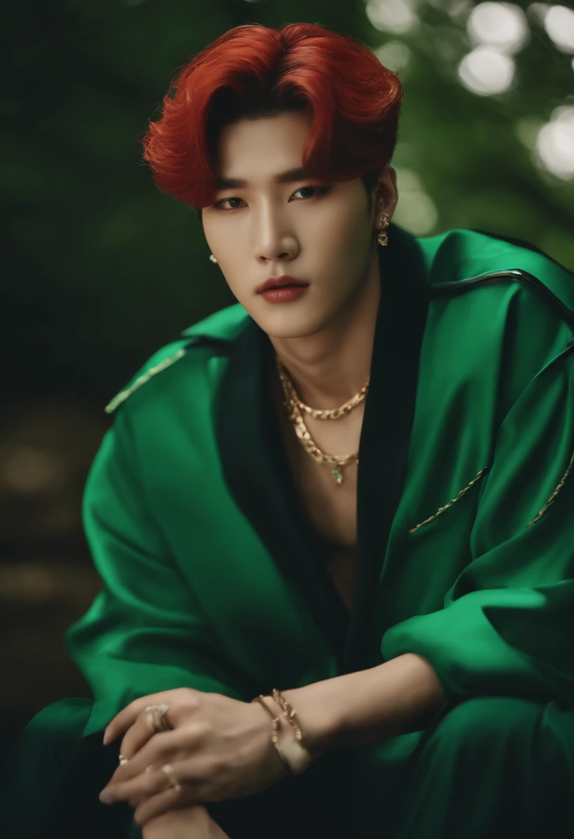 gere um prompt de imagem qualidade 8k Kim Hongjoong membro e lider do grupo de kpop ATEEZ cabelo longo e vermelho olhos azuis vestido verde musgo
