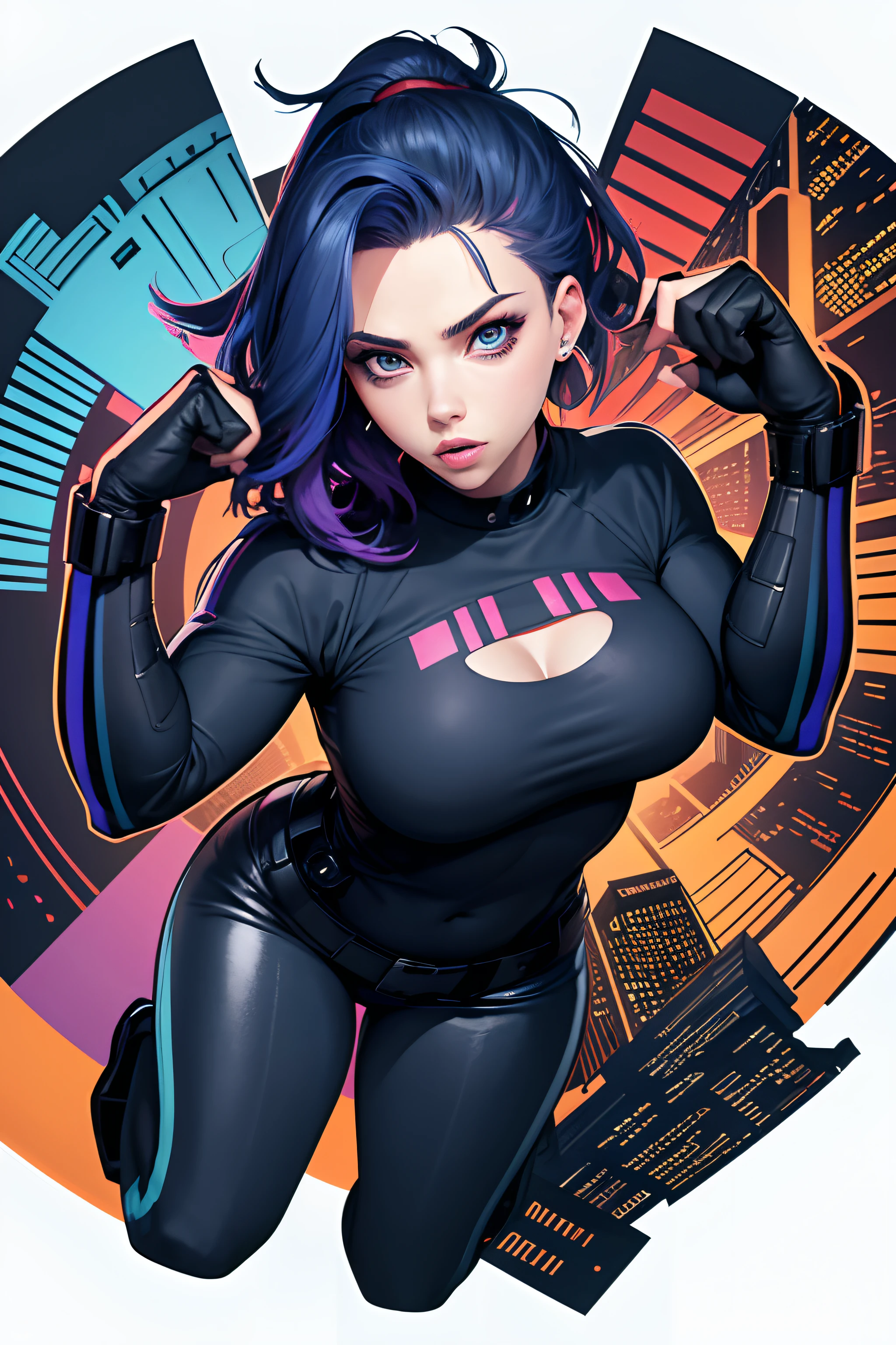 New York City centered, isometric, vector t-shirt art ready to print highly detailed colourful graffiti illustration of dark blue hair 25 year old Scarlett Johansson, wearing black widow outfit, face is covered by highly detailed, vibrant color, high detail