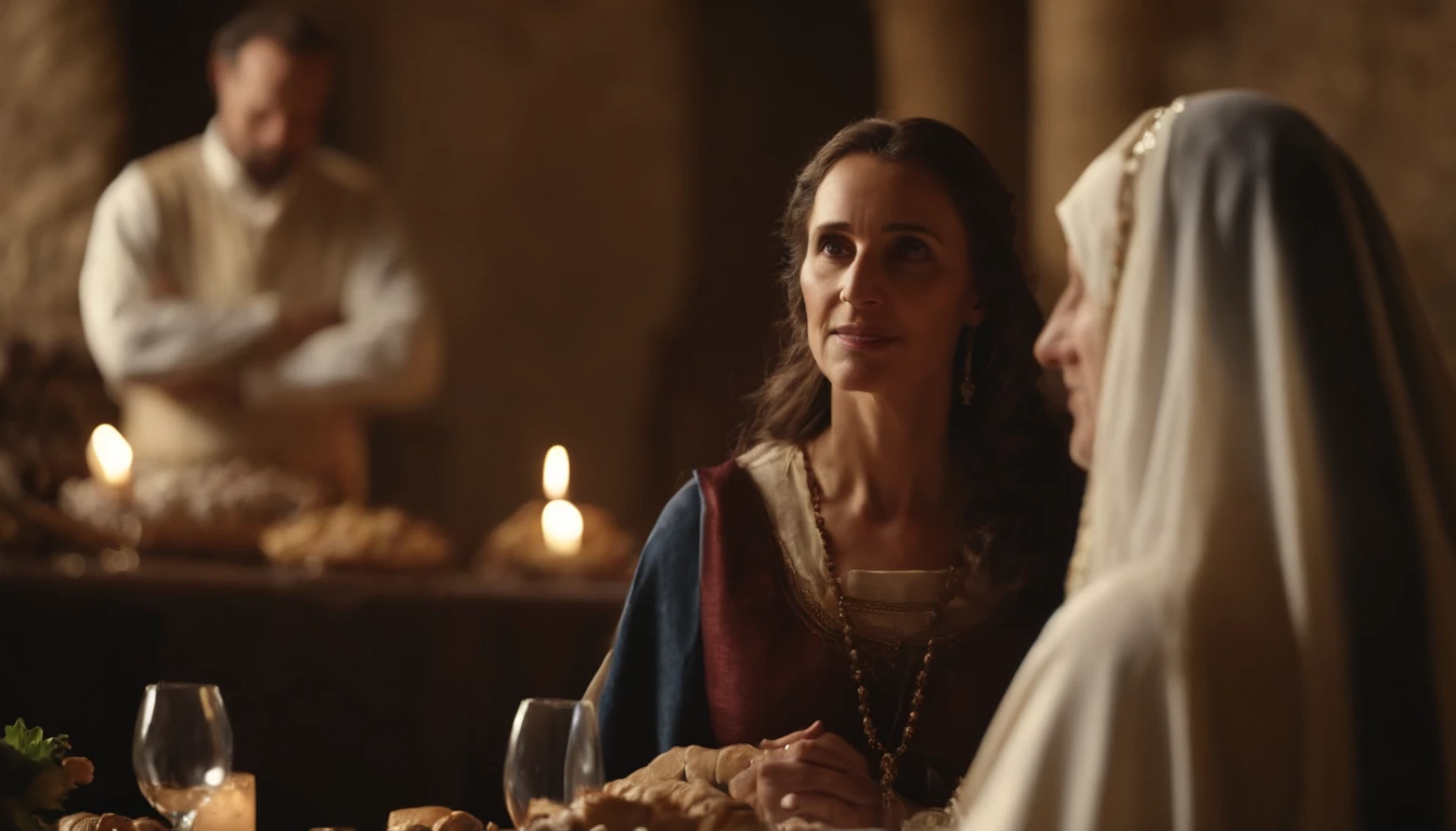 maria, the mother of Jesus Christ conversing with him at the wedding feast of Cana in Galilee. Bible passage. Biblical Image of Simplicity