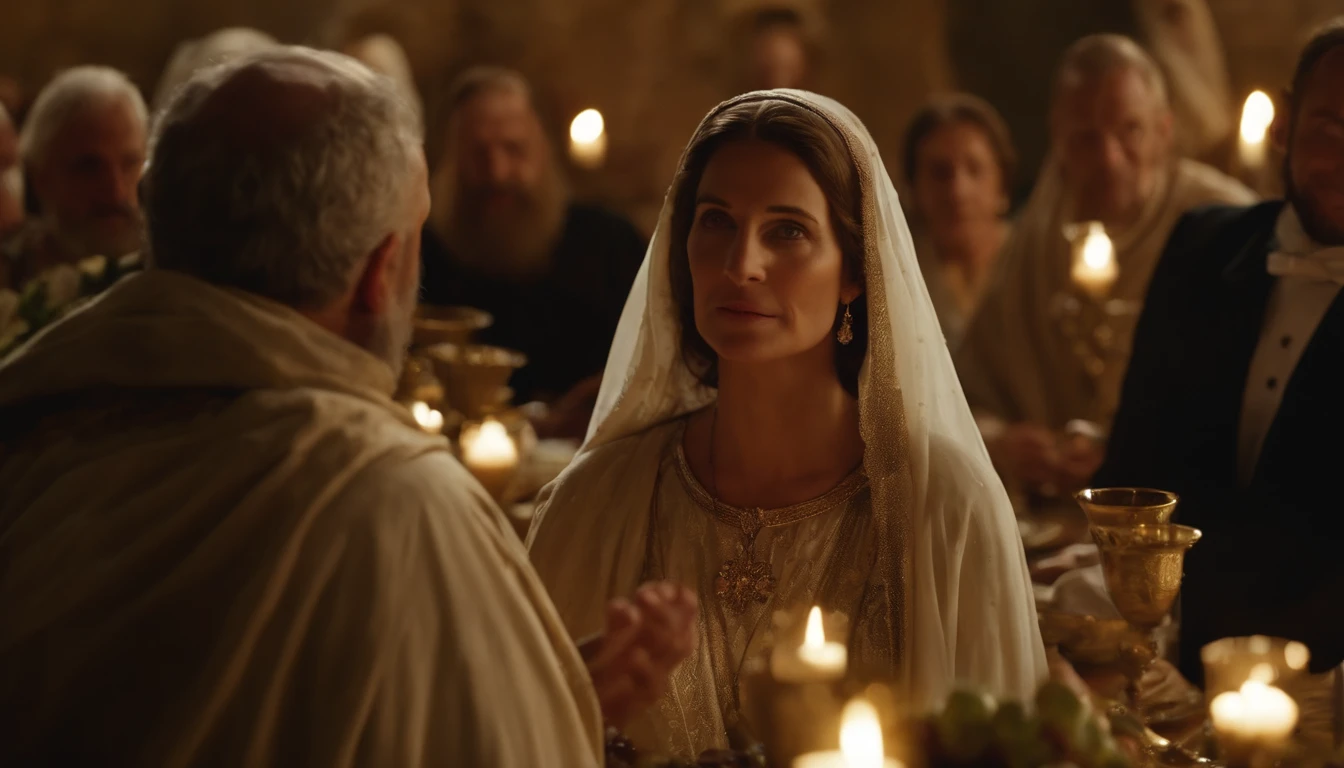 the mother of Jesus Christ conversing with him at the wedding feast of Cana in Galilee. Bible passage. Biblical Image of Simplicity
