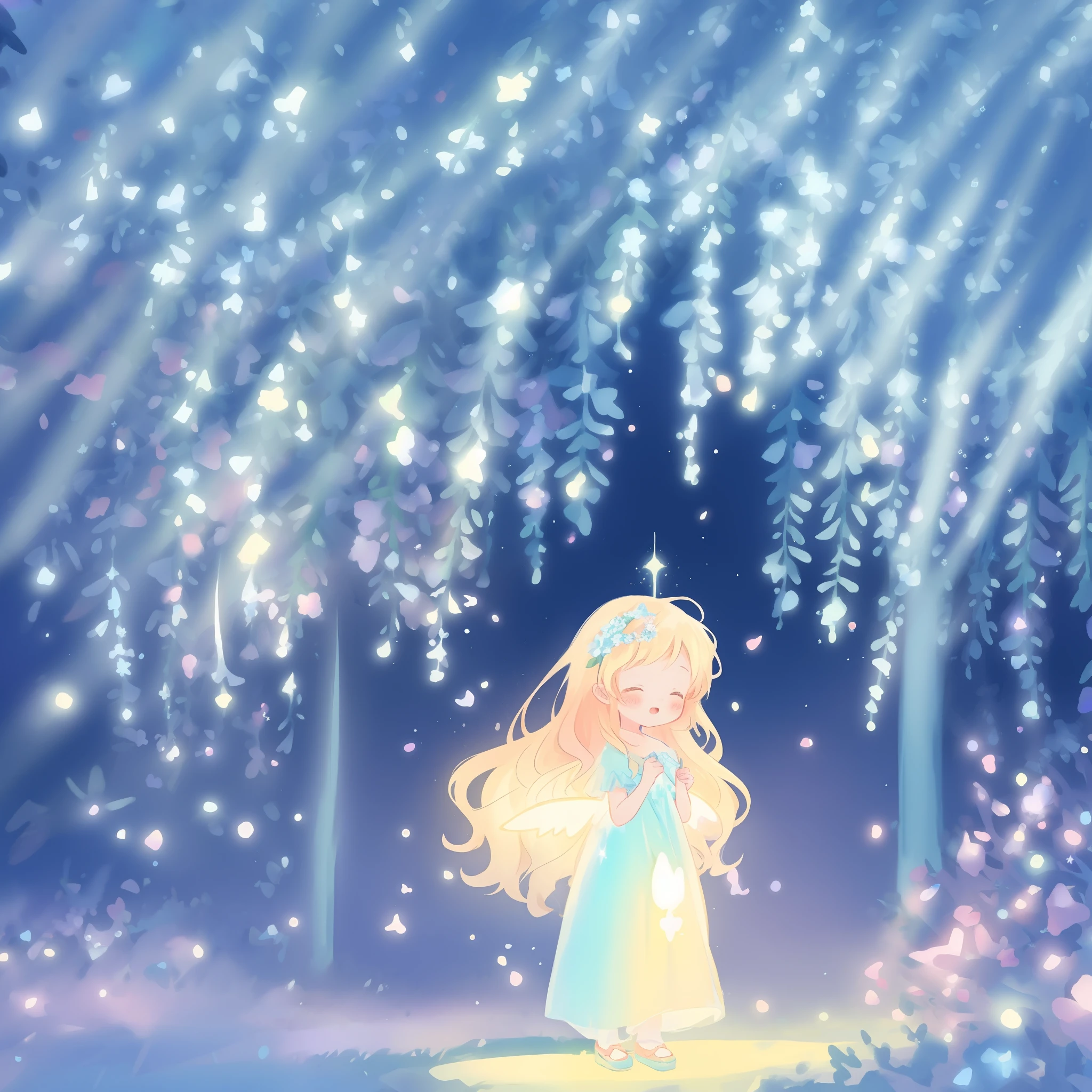 beautiful girl in fairy dress made of flower petals, beautiful fairy queen, glowing fairy lights, (glowing fairy wings), long wavy hair, sparkling fairy wings, watercolor illustration, flowers and colorful plants, inspired by Glen Keane, inspired by Lois van Baarle, disney art style, by Lois van Baarle, glowing aura around her, by Glen Keane, jen bartel, glowing lights! digital painting, flowing glowing hair, glowing flowing hair, beautiful digital illustration, fantasia otherworldly landscape plants flowers, beautiful, masterpiece, best quality, anime disney style