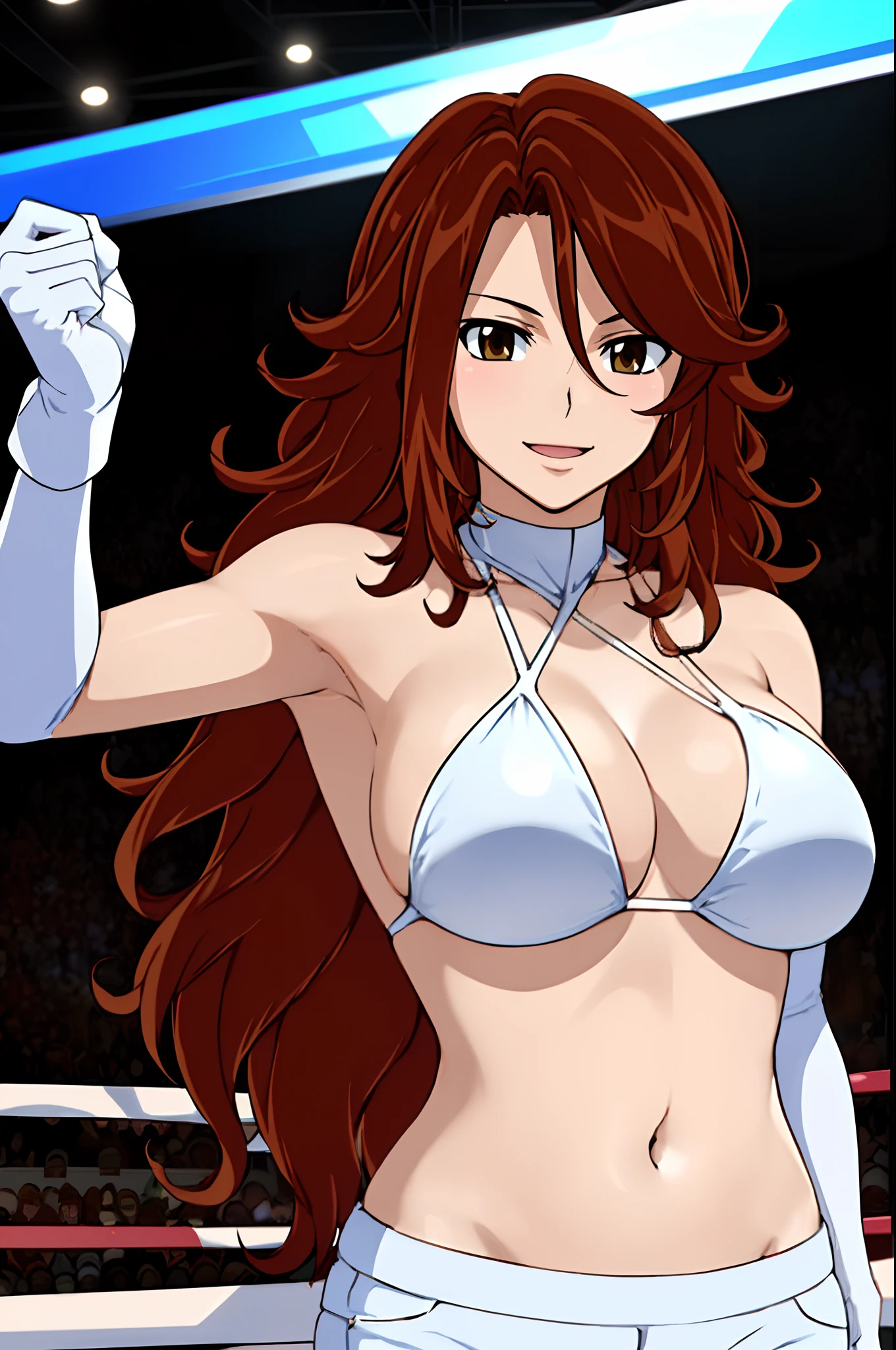 leaning against something, Elegant lady, (upper body view), anime style: 1.8, anime drawing, ultra detailed face, ultra detailed body, 4k, Sumergai Lee Noriega, (standing), best quality, anime style, hires, highest definition, digital blending, bold drawing lines, ((wwe diva), (location: wrestling arena, crowds watching), ( slim body, little biceps, , off-shoulders, (curvy: 2.8)), ((white bikini, shorts,, white gloves, collar, elbow protector)), victorious, winner, gentle, (pale skin, shiny skin, very big breasts, smile), (big eyes, brown eyes), (clapping), (brown hair, loose hair, curly hair, wavy hair, long hair, missy hair), 27 years old,