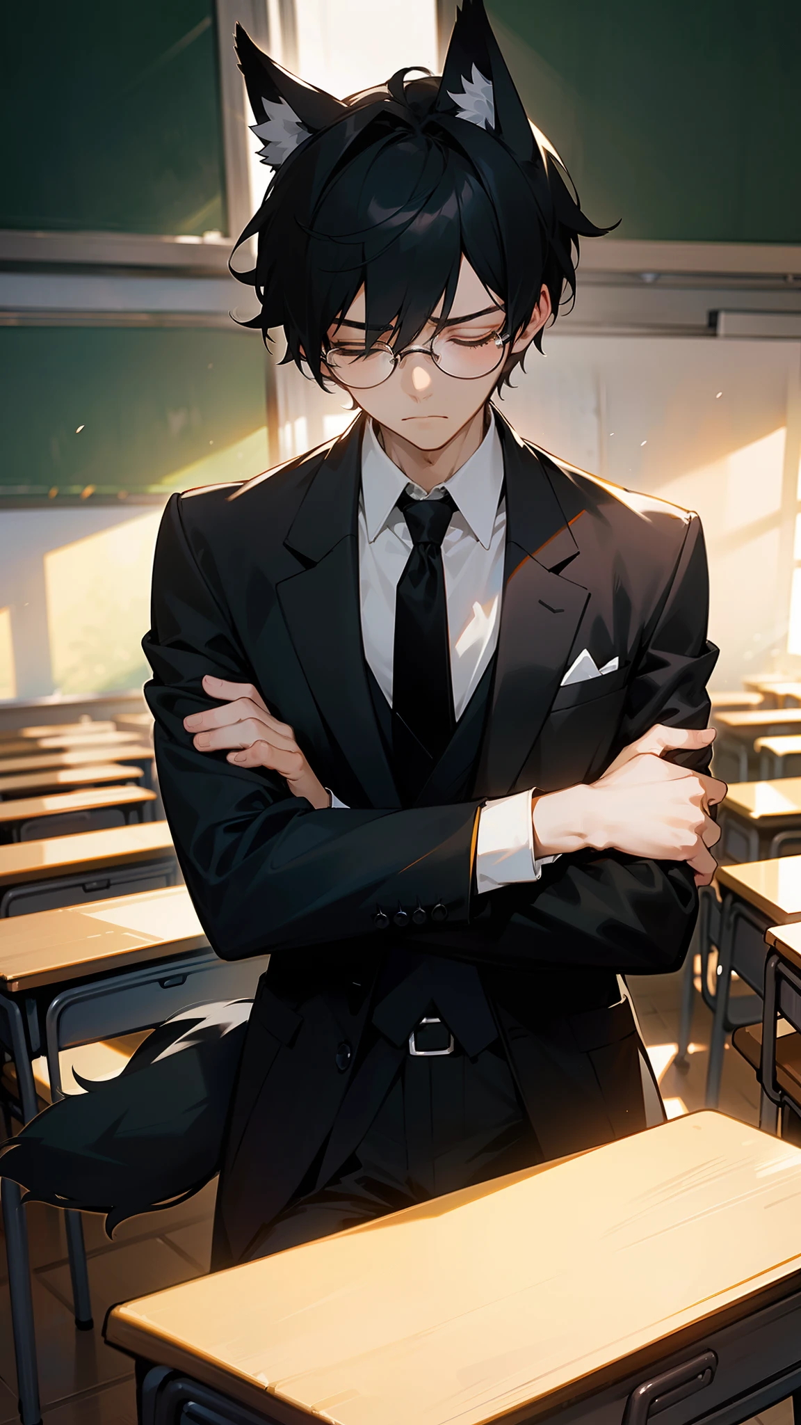 1boy,20s,tall,serious face,white shirt,black blazer,black tie,black pants,black hair,short hair,closed eyes,wolf ears,wolf tail,glasses,(((sitting in a classroom,sunlight))),cowboy shot,crossed arms