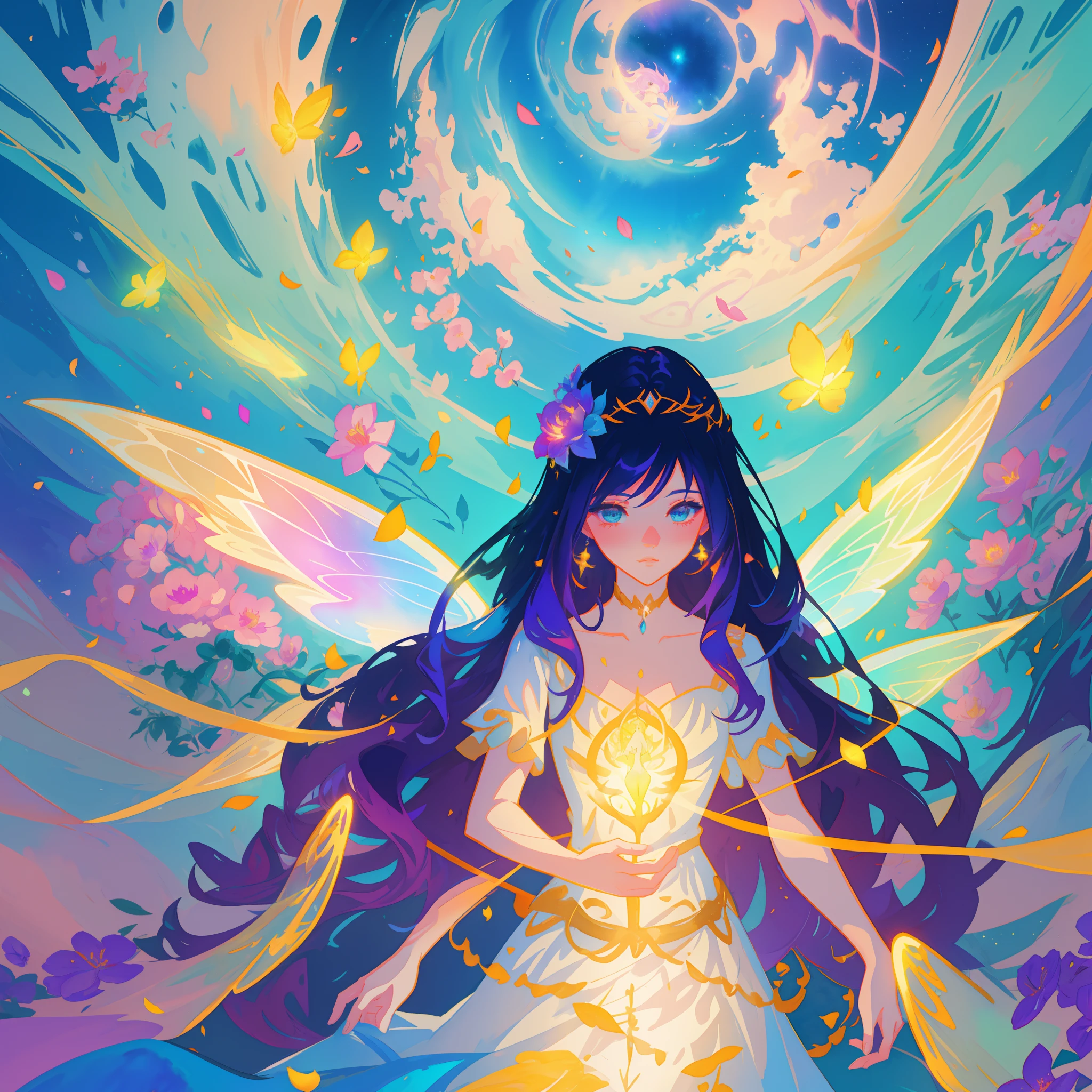 beautiful girl in fairy dress made of flower petals, beautiful fairy queen surrounded by colorful tiny pixies and fairies, glowing tiny fairies, (glowing fairy wings), glowing flowing ballgown, long wavy hair, sparkling fairy wings, watercolor illustration, flowers and colorful plants, inspired by Glen Keane, inspired by Lois van Baarle, disney art style, by Lois van Baarle, glowing aura around her, by Glen Keane, jen bartel, glowing lights! digital painting, flowing glowing hair, glowing flowing hair, beautiful digital illustration, fantasia otherworldly landscape plants flowers, beautiful, masterpiece, best quality, anime disney style