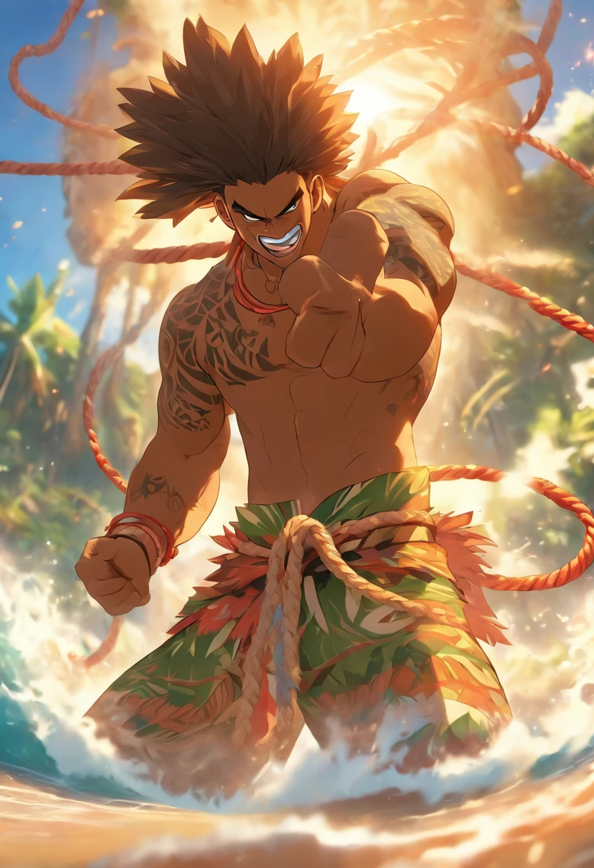 (((Hawaiian pulling a rope)) best quality, ultra-high resolution, 4K detailed CG, masterpiece, Maui, man, pulling, hooking, Hawaiian clothing, Maori tattoos, ((close camera)) , Picture style Maori, aesthetic, screen-centric, full body