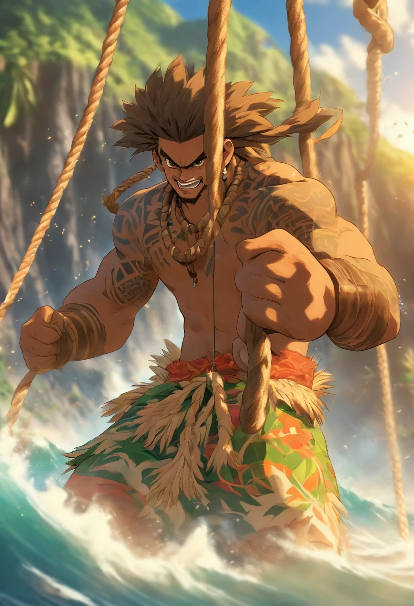 (((Hawaiian pulling a rope)) best quality, ultra-high resolution, 4K detailed CG, masterpiece, Maui, man, pulling, hooking, Hawaiian clothing, Maori tattoos, ((close camera)) , Picture style Maori, aesthetic, screen-centric, full body