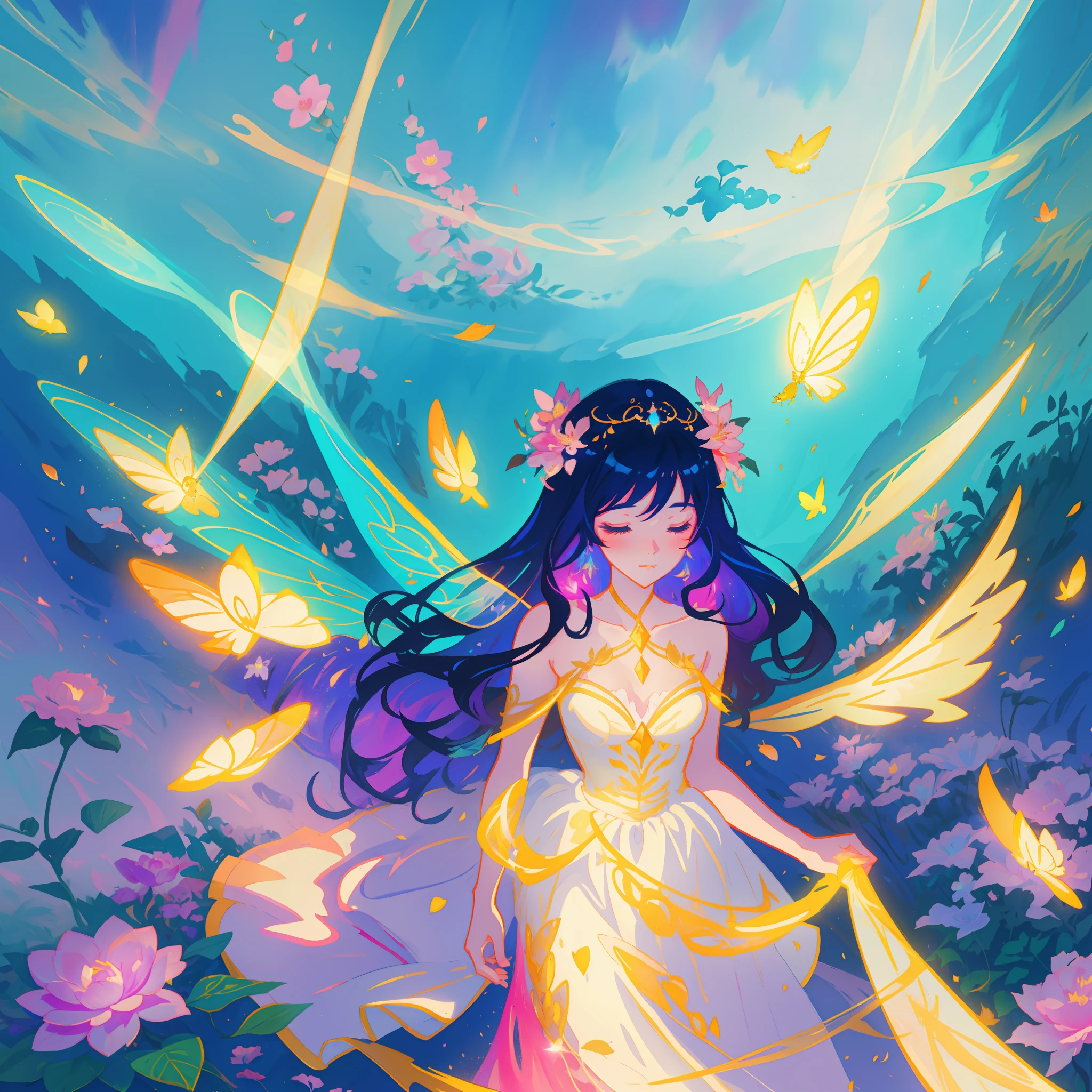 beautiful girl in fairy dress made of flower petals, beautiful fairy queen surrounded by colorful tiny pixies and fairies, glowing tiny fairies, (glowing fairy wings), glowing flowing ballgown, long wavy hair, sparkling fairy wings, watercolor illustration, flowers and colorful plants, inspired by Glen Keane, inspired by Lois van Baarle, disney art style, by Lois van Baarle, glowing aura around her, by Glen Keane, jen bartel, glowing lights! digital painting, flowing glowing hair, glowing flowing hair, beautiful digital illustration, fantasia otherworldly landscape plants flowers, beautiful, masterpiece, best quality, anime disney style