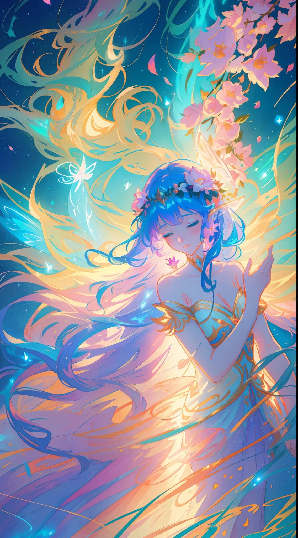 beautiful girl in fairy dress made of flower petals, beautiful fairy queen surrounded by colorful tiny pixies and fairies, glowing tiny fairies, (glowing fairy wings), glowing flowing ballgown, long wavy hair, sparkling fairy wings, watercolor illustration, flowers and colorful plants, inspired by Glen Keane, inspired by Lois van Baarle, disney art style, by Lois van Baarle, glowing aura around her, by Glen Keane, jen bartel, glowing lights! digital painting, flowing glowing hair, glowing flowing hair, beautiful digital illustration, fantasia otherworldly landscape plants flowers, beautiful, masterpiece, best quality, anime disney style