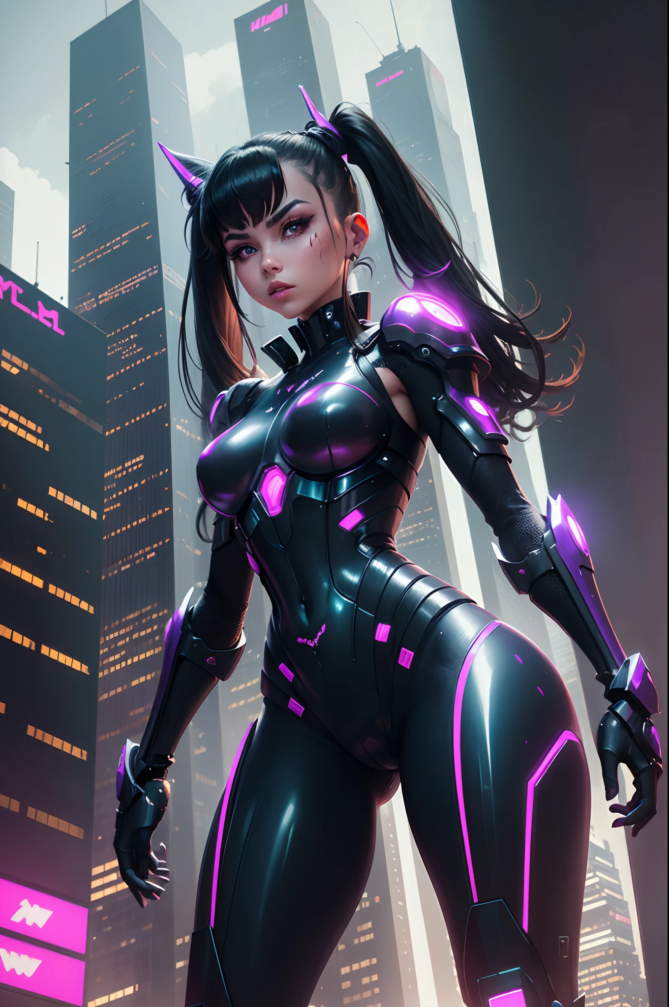 In the heart of a futuristic metropolis, an alien ant girl warrior stands defiantly on the edge of a towering skyscraper. Her biomechanical exoskeleton glistens in the neon lights of the cityscape, contrasting with the sleek, glassy buildings that stretch into the night. She is a symbol of resilience in a cyberpunk world.