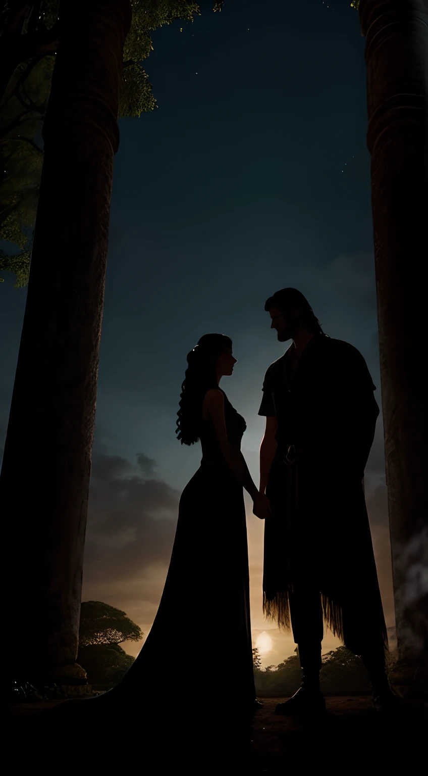 imaginar: There is a silhouette of a woman with long dark hair, olhos azuis e pele branca, vestido com um vestido branco, She's standing next to a handsome man. In the background is an ancient and beautiful old and gloomy temple surrounded by trees.