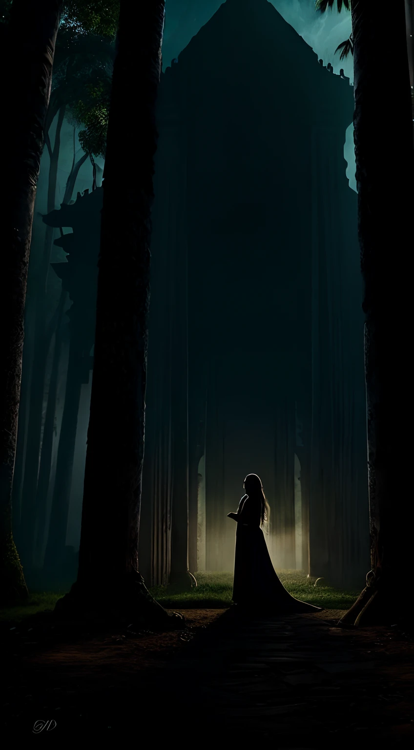 imaginar: There is a silhouette of a woman with long dark hair, olhos azuis e pele branca, vestido com um vestido branco, She's standing next to a handsome man. In the background is an ancient and beautiful old and gloomy temple surrounded by trees.