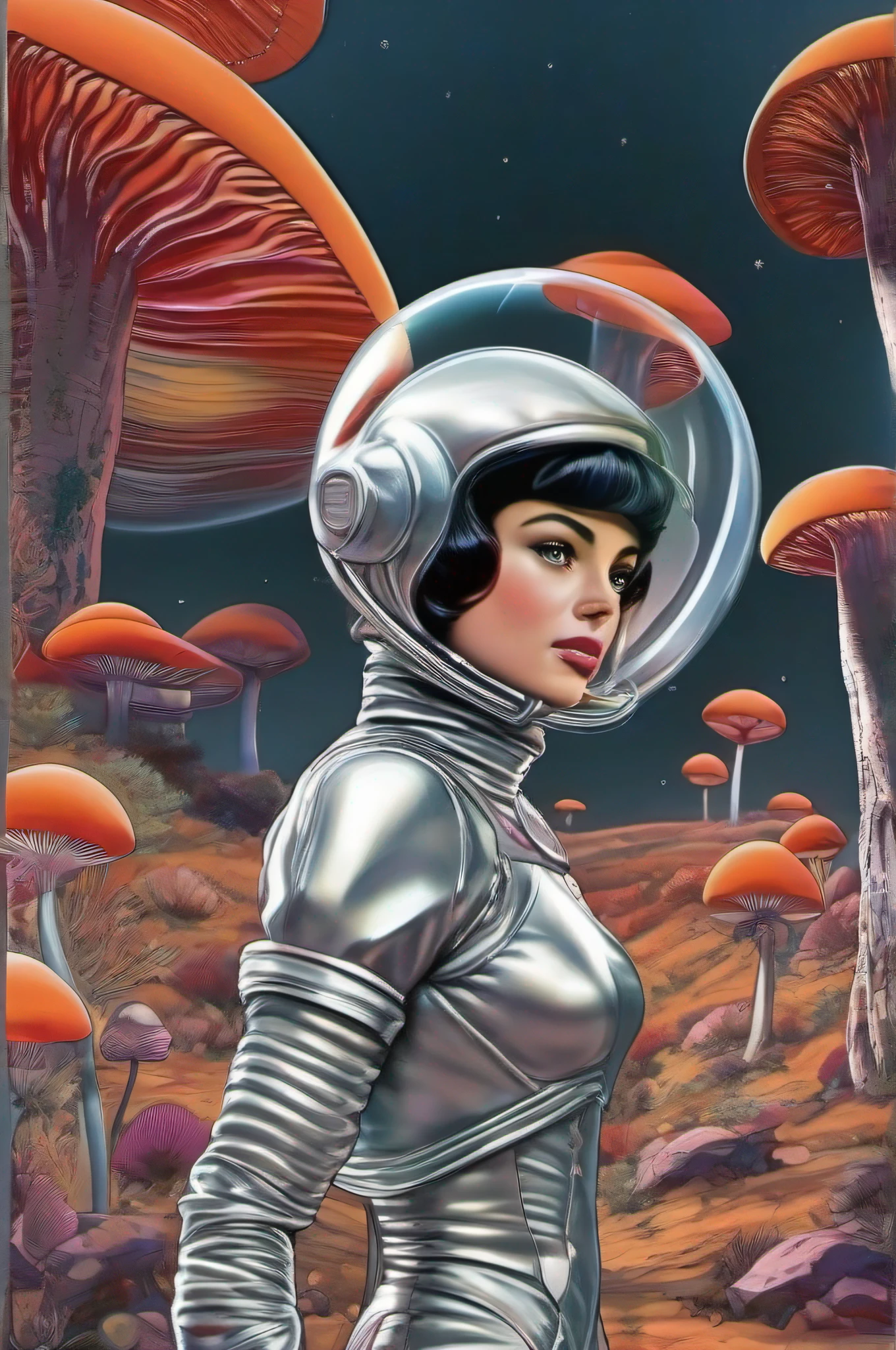 In a retro-futuristic setting reminiscent of 1950s sci-fi, an alien ant girl warrior dons a sleek, silver spacesuit with bubble helmet. She confidently explores an otherworldly landscape, surrounded by vibrant, oversized mushrooms and exotic flora. This retro-futuristic scene combines nostalgia with the allure of the unknown.