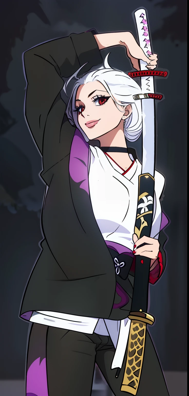 Smile,1Girl,katana, samurai girl, white hair,red eyes,white eyelashes
