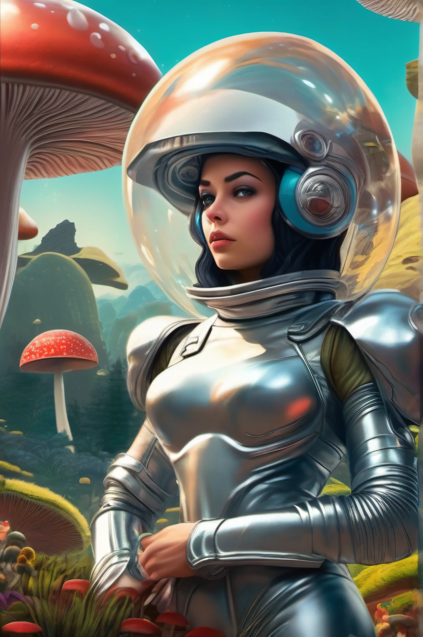 In a retro-futuristic setting reminiscent of 1950s sci-fi, an alien ant girl warrior dons a sleek, silver spacesuit with bubble helmet. She confidently explores an otherworldly landscape, surrounded by vibrant, oversized mushrooms and exotic flora. This retro-futuristic scene combines nostalgia with the allure of the unknown.