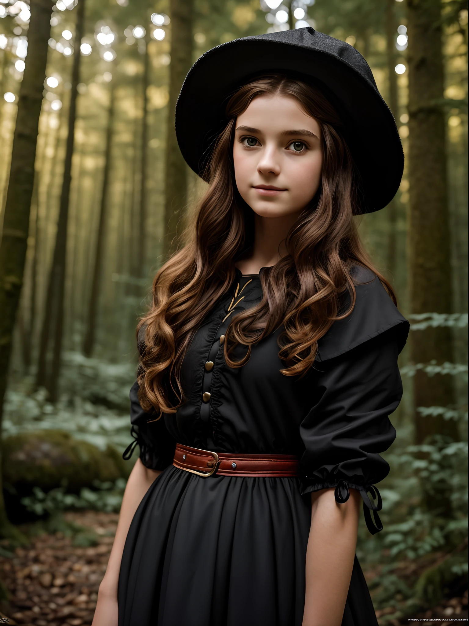 Cute 12 year old European girl,  in the dark forest, The Great Black Wolf behind her, Traditional Medieval Clothing, red hat, seductive gaze, Honey hair, pale skin, hyper realistic, lifelike texture, dramatic  lighting, Backlighting, nikon RAW photo, 8K, Fujifilm XT3, Masterpiece, Best Quality, Realistic, (Photorealistic:1.4), Ultra Detailed, full body visible, little smile