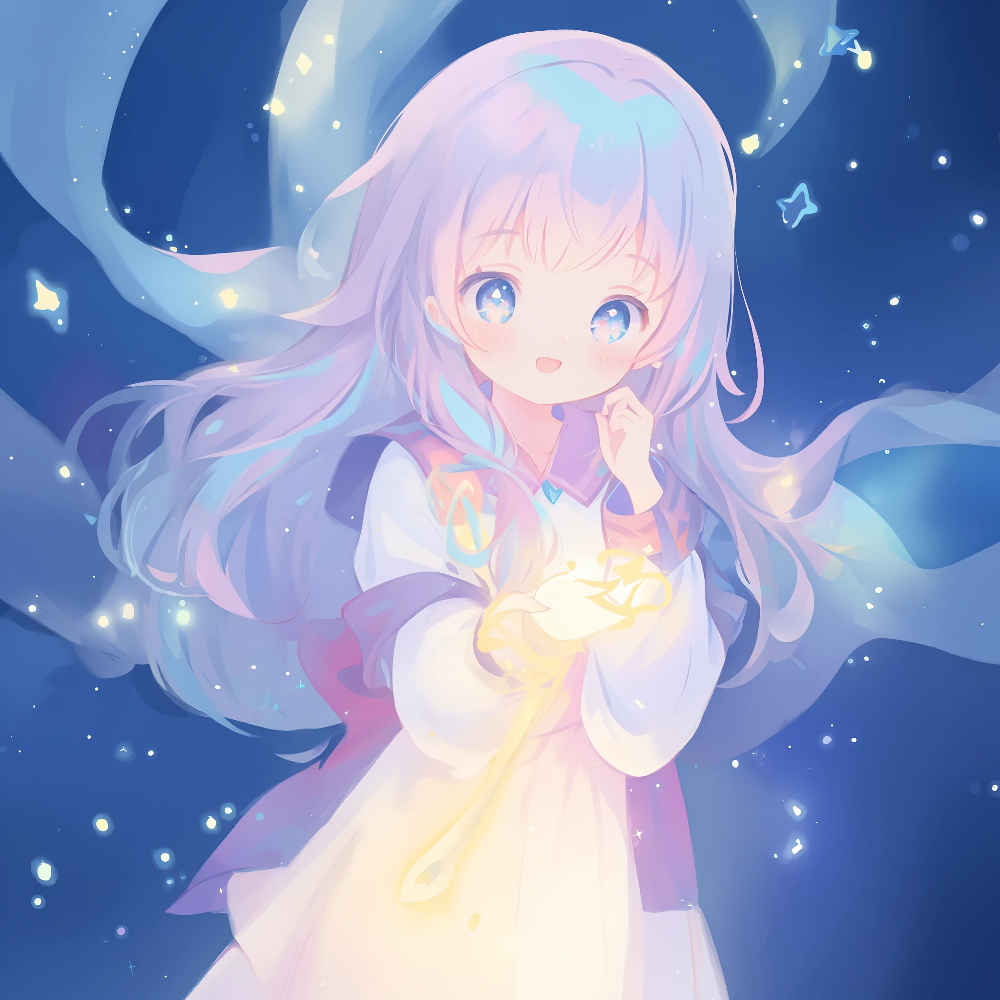 beautiful anime girl in multi-layered ballgown with puffy long sleeves, vibrant pastel colors, (colorful), magical lights, colorful long hair made of liquid light, sparkling lines of light, inspired by Glen Keane, inspired by Lois van Baarle, disney art style, by Lois van Baarle, glowing aura around her, by Glen Keane, jen bartel, glowing lights! digital painting, flowing glowing hair, glowing flowing hair, beautiful digital illustration, fantasia background, whimsical, magical, fantasy, beautiful face, ((masterpiece, best quality)), intricate details, highly detailed, sharp focus, 8k resolution, sparkling detailed eyes, liquid watercolor