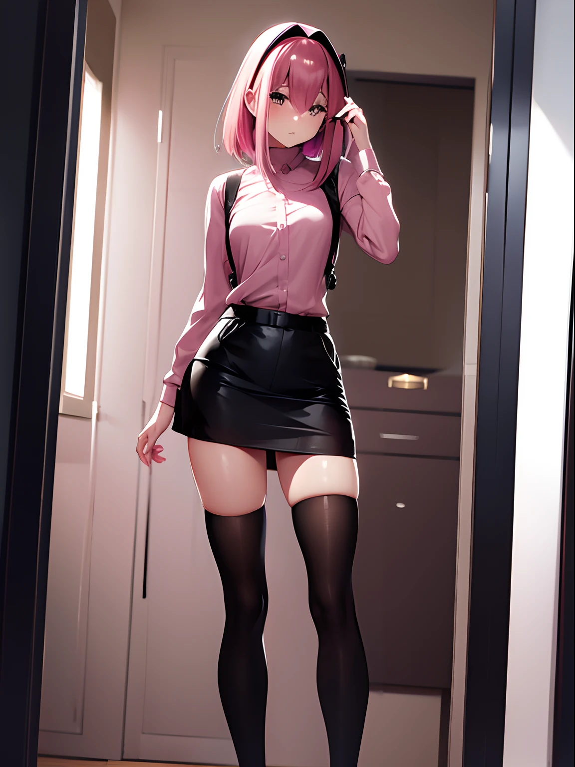 arafed woman with pink hair and black dress posing in front of a mirror, beautiful short skirt, short skirt, mini-skirt, mini skirt, short black skirt, in clothes! highly detailed, miniskirt, thighhighs and skirt, extreme hight detail, ultradetailed photorealistic, extremely high.wearing skirt, highdetailed