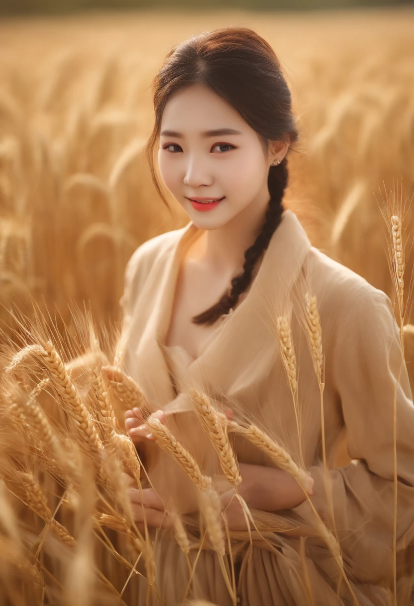 Korean woman, (Masterpiece, Beautiful people, Contaminated smile), Virtual Youku, Farm work in the countryside, (are present (Cut the wheat: 1.4)), fertilize, Weeding, plain face, No makeup, Country Girl, pony tails, Detailed skin texture, Detailed cloth texture, finerly detailed face. Masterpiece, Slim waist, Slim body.