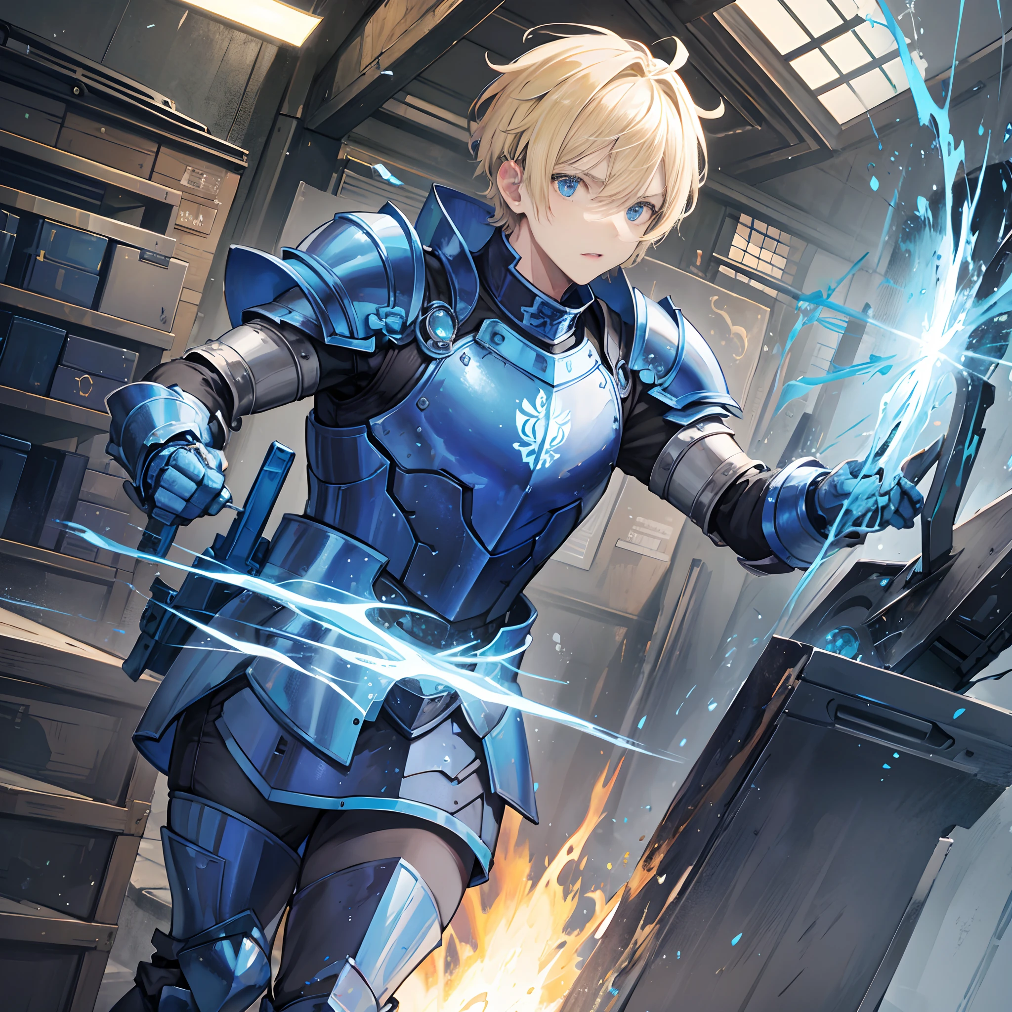A man in short blonde hair, blue armour, surprised facial expression, a forging workshop in background