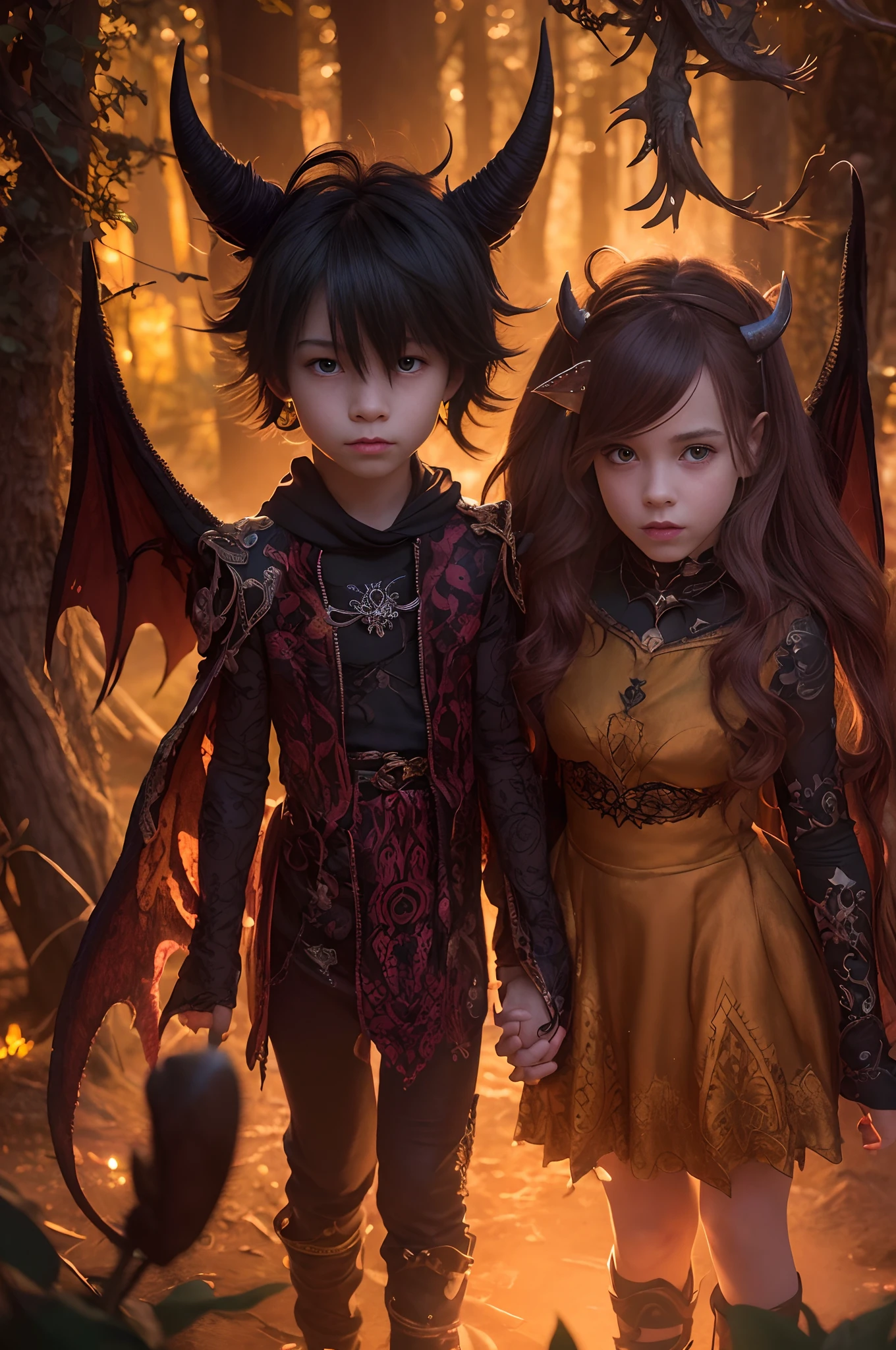 (best quality,4k,8k,highres,masterpiece:1.2),ultra-detailed,(realistic,photorealistic,photo-realistic:1.37),devil boy and girl holding hands,beautiful detailed eyes,beautiful detailed lips,demonic atmosphere,playful and mischievous expressions,dark and mysterious background,nighttime setting,gloomy lighting,sharp focus,dynamic poses,whimsical and colorful illustrations,creative shading techniques,fantasy art style,vivid colors,contrast between light and shadow,supernatural powers,enchanted forest,outfits in dark tones,cute and mischievous facial features,cartoonish yet detailed renderings,flaming red hair for the boy,long flowing hair for the girl,detailed and intricate accessories on their outfits,magical sparks and glowing effects around their hands,subtle hints of mischief in their expressions,joyful and mischievous atmosphere,amazing attention to detail,little devil horns on their heads,curved tails wrapped around their hands,demonic wings,evil grins,glowing yellow eyes,dark and mysterious aura,whimsical and dreamlike atmosphere,fantastical elements,enchanted forest as the backdrop,playful interaction between the boy and girl,expressive emotions,imagination at its best,captivating and dynamic artwork,a celebration of the supernatural,unleashing their magical powers,creating a sense of wonder and adventure with every stroke,artistic interpretation of an otherworldly bond between a devil boy and girl
Negative Prompts
