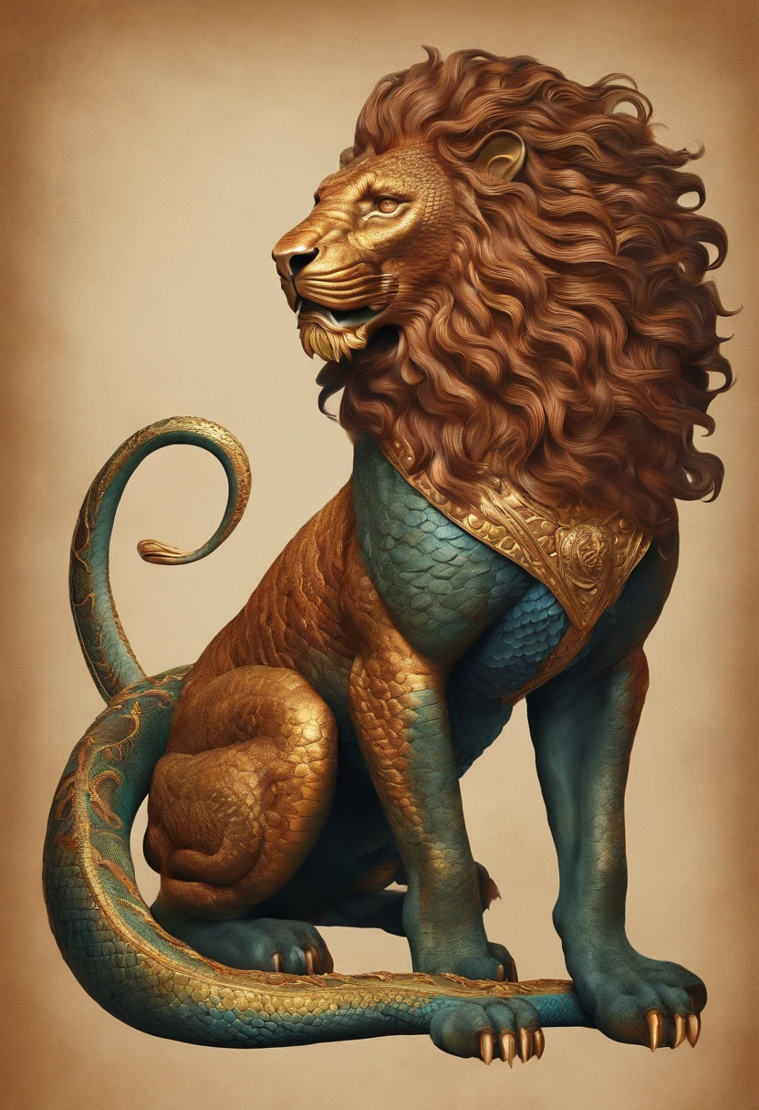 A chimera with a dragon's head, a muscular lion's body and a snake's head tail