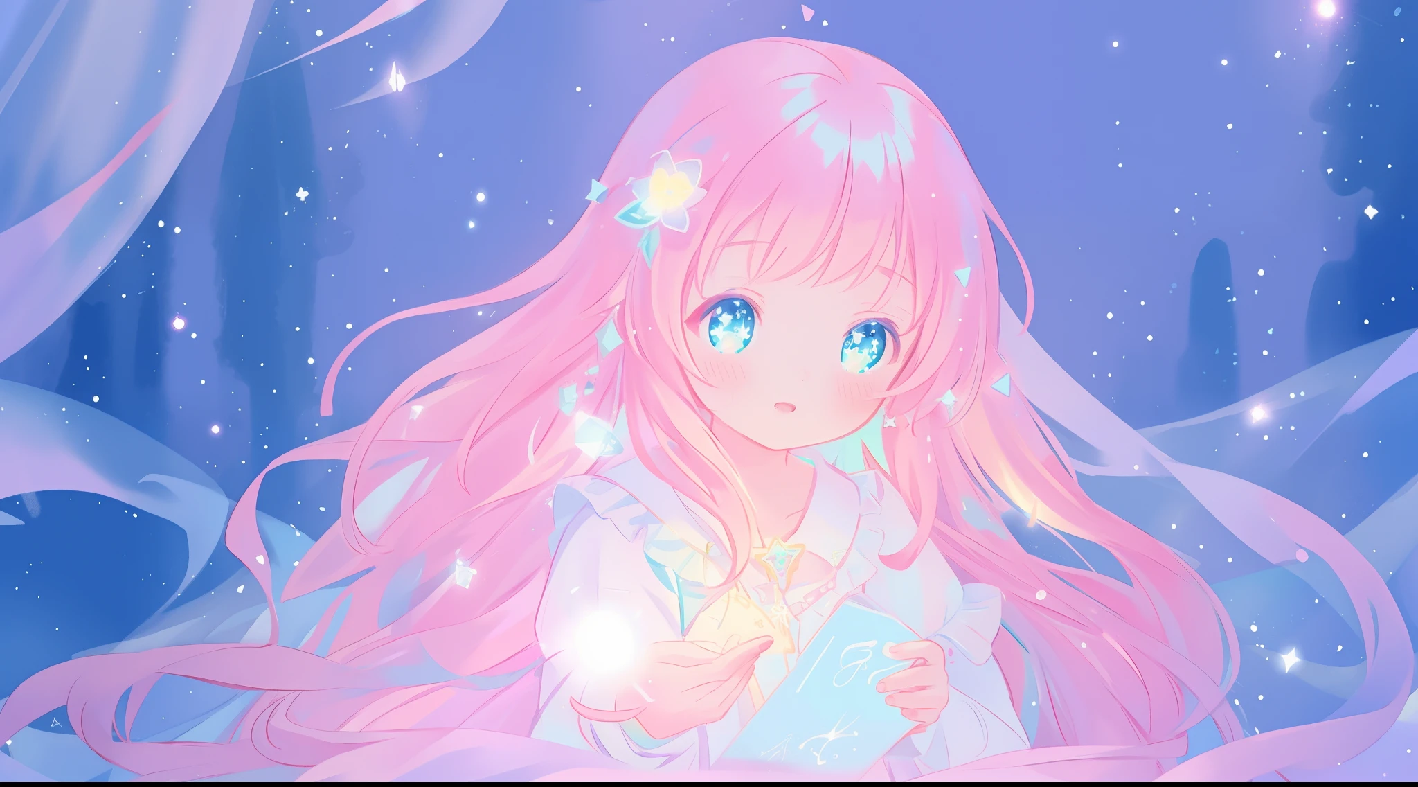 beautiful anime girl in multi-layered ballgown with puffy long sleeves, vibrant pastel colors, (colorful), magical lights, colorful long hair made of liquid light, sparkling lines of light, inspired by Glen Keane, inspired by Lois van Baarle, disney art style, by Lois van Baarle, glowing aura around her, by Glen Keane, jen bartel, glowing lights! digital painting, flowing glowing hair, glowing flowing hair, beautiful digital illustration, fantasia background, whimsical, magical, fantasy, beautiful face, ((masterpiece, best quality)), intricate details, highly detailed, sharp focus, 8k resolution, sparkling detailed eyes, liquid watercolor