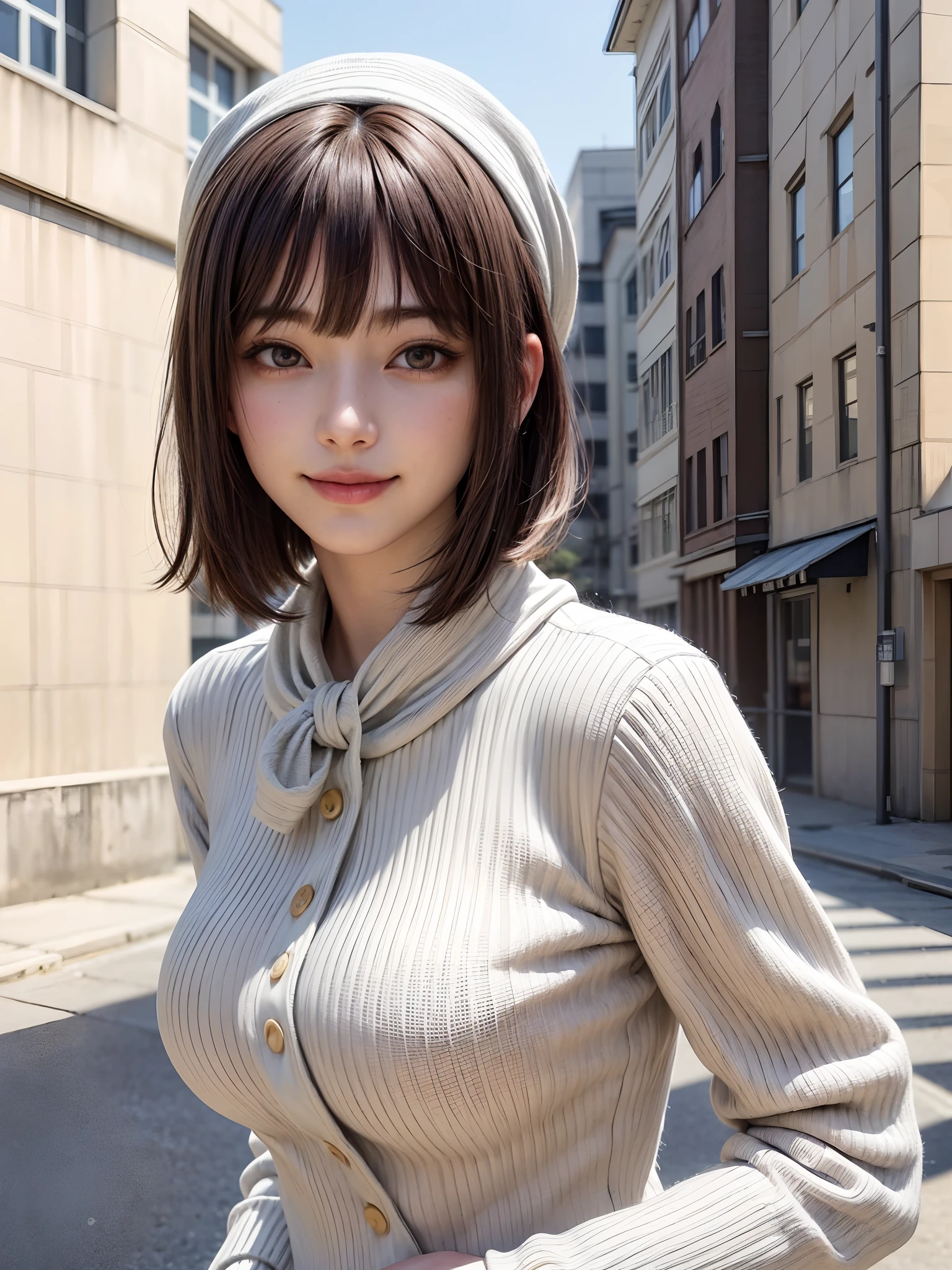 (masterpiece, top-quality、Beautiful woman full of adult charm8),1girl in, 独奏, A dark-haired, scarf, Hats,, realisitic, looking at the viewers, black eyes of light color, shorth hair, coat, Winter clothes, White headscarf, s lips, lipgloss,bangss,, a closed mouth, The upper part of the body、big eye、Lashes、((Street))、((Shorthair with bangs、big eye、Put very strong highlights in your students、very Bigger breasts、gazing at viewer、Very beautiful beauty、Put your ears out、long neck、little smiling、Close your mouth and smile)))、28 year old、Cute supermodels
