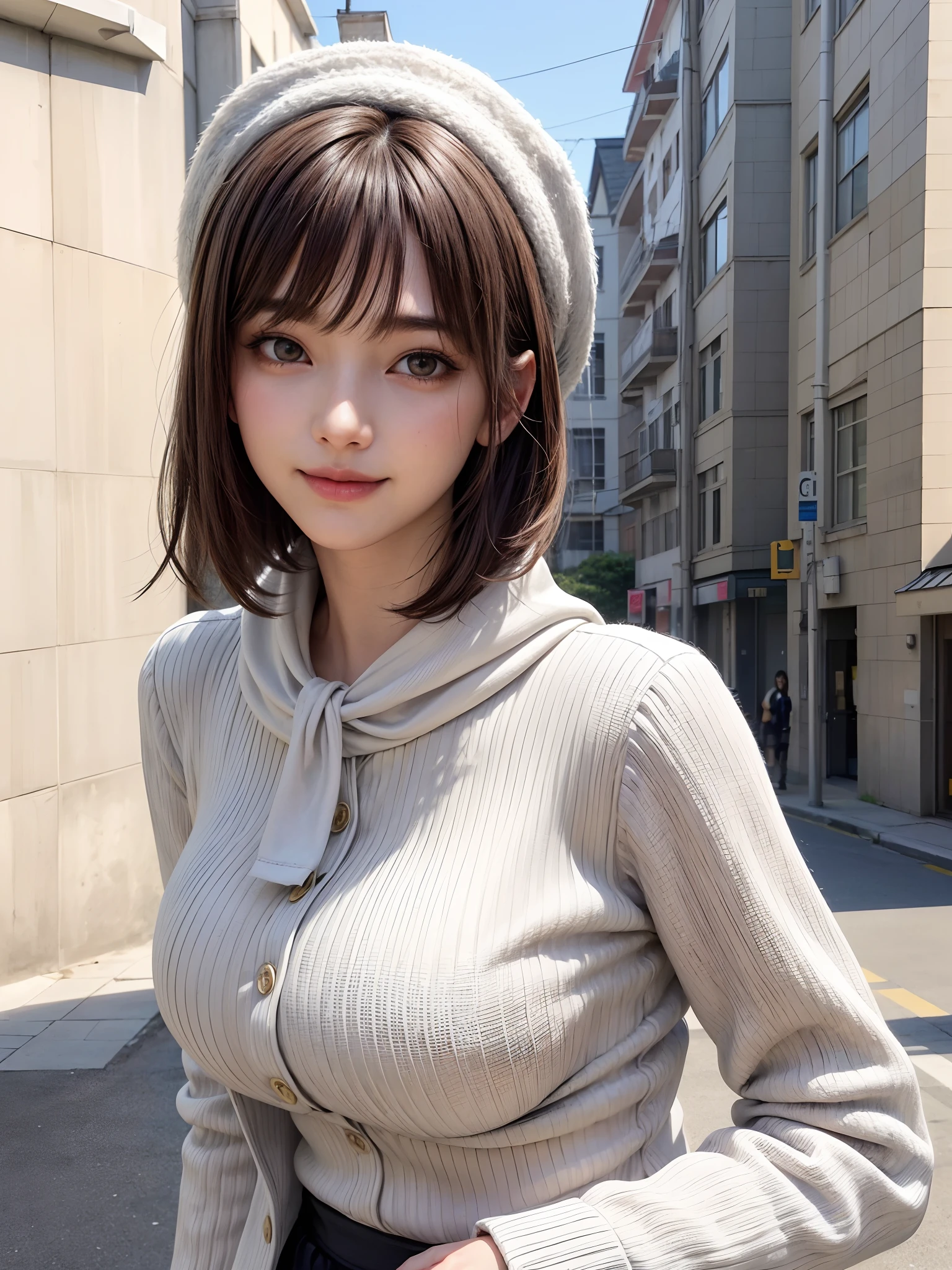 (masterpiece, top-quality、Beautiful woman full of adult charm8),1girl in, 独奏, A dark-haired, scarf, Hats,, realisitic, looking at the viewers, black eyes of light color, shorth hair, coat, Winter clothes, White headscarf, s lips, lipgloss,bangss,, a closed mouth, The upper part of the body、big eye、Lashes、((Street))、((Shorthair with bangs、big eye、Put very strong highlights in your students、very Bigger breasts、gazing at viewer、Very beautiful beauty、Put your ears out、long neck、little smiling、Close your mouth and smile)))、28 year old、Cute supermodels