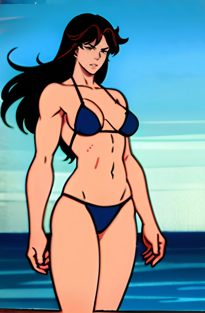 sexy girl with (muscles) in a sexy thong and exposed breasts and , standing tall, superb, strong, teasing, dark hair, dark eyes, fierce, seaside