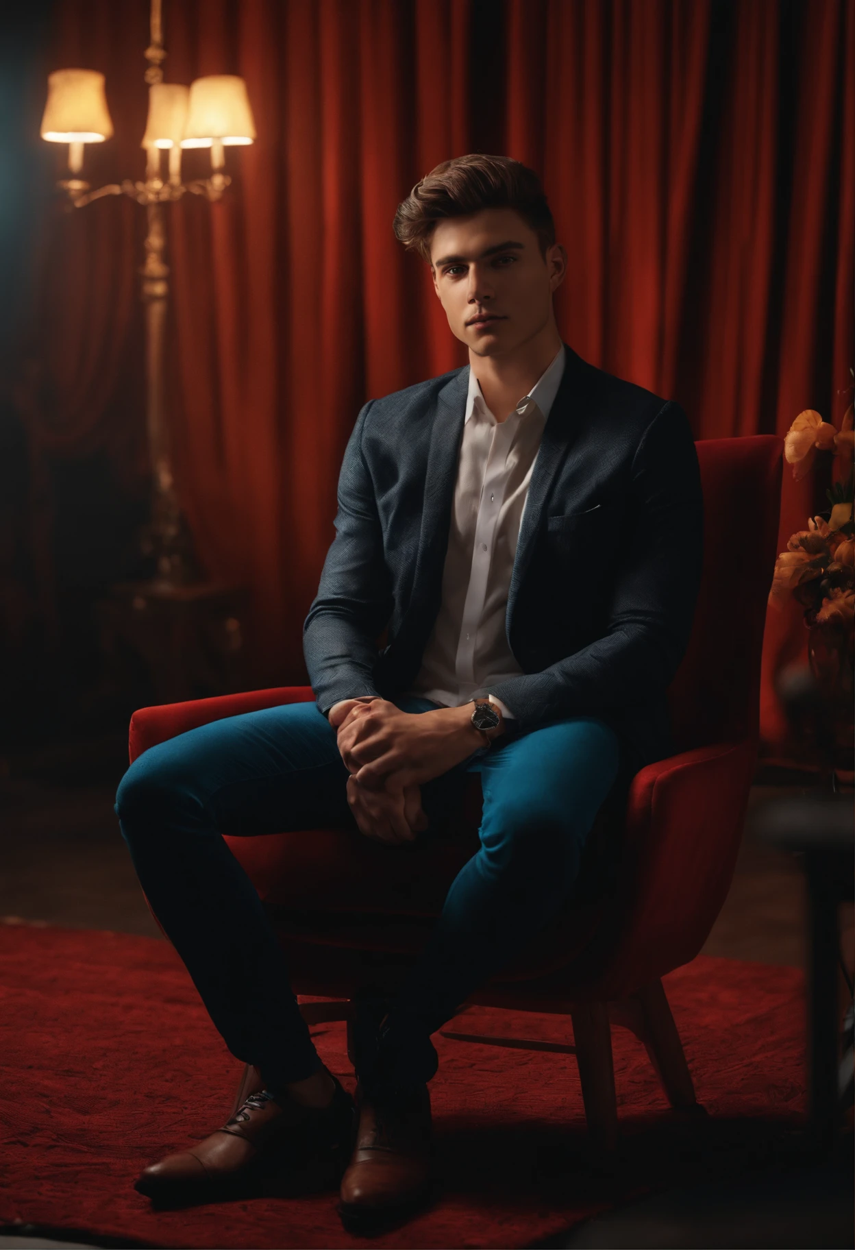 young man on sitting chair 8k ultra realistic and back ground change with youtube studio