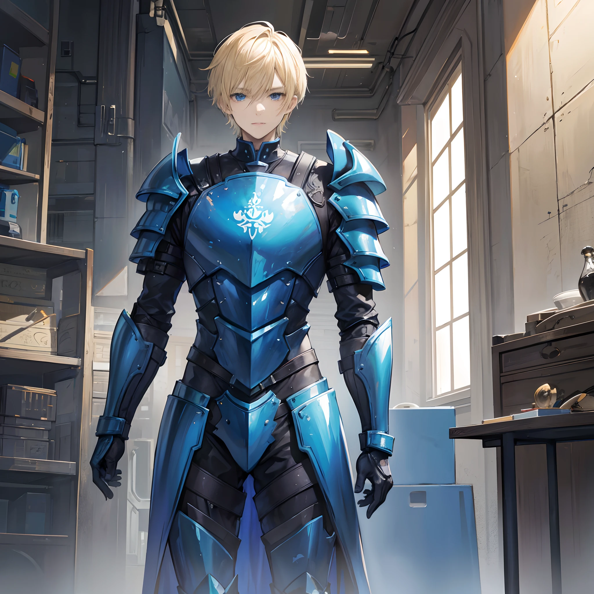 A man in short blonde hair, blue armour is speaking, a workshop in background