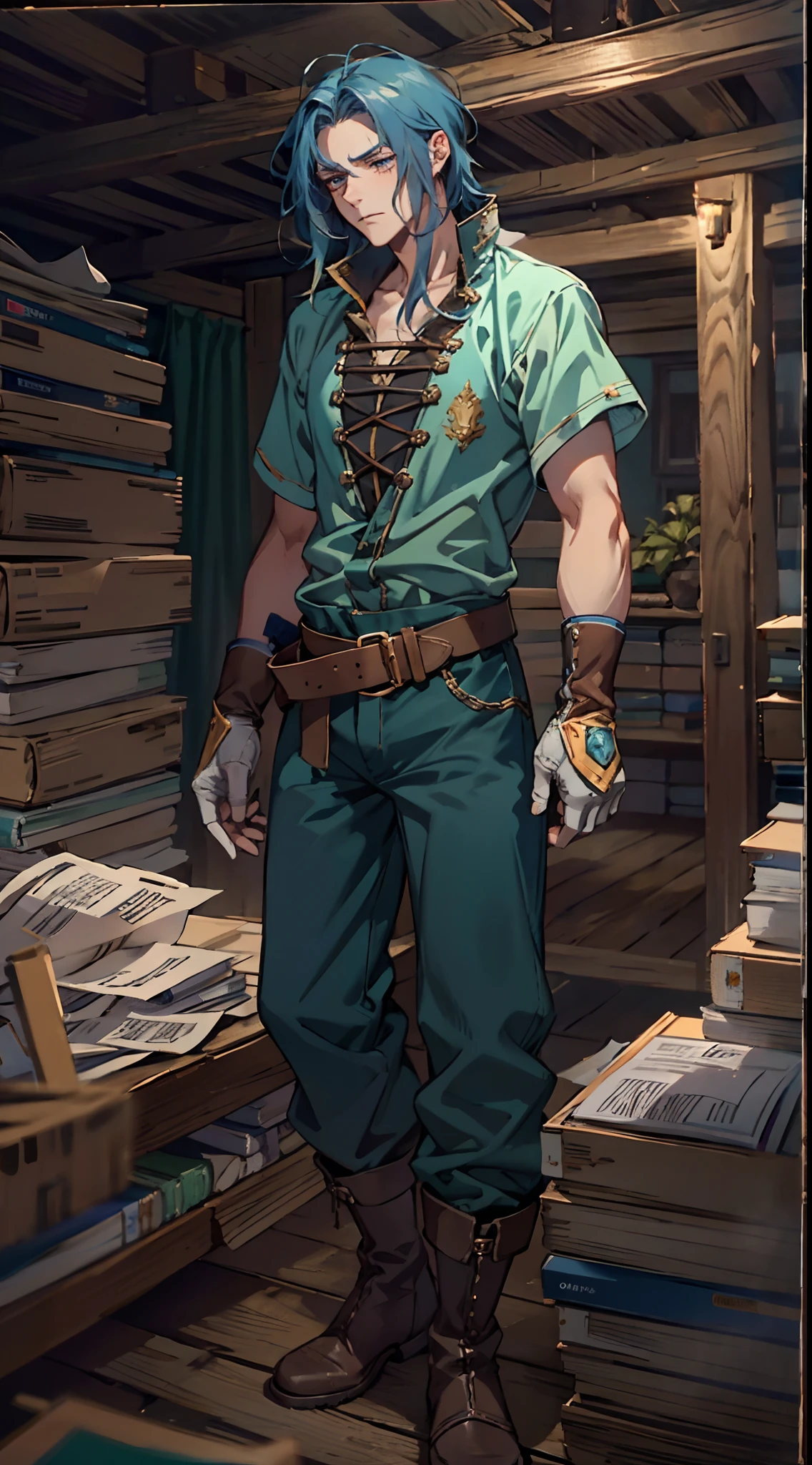 A man with thick long and lustrous blue hair, medium length hair, a melancholic gaze, a weary expression, fatigued and weary movements, a loose-fitting fantasy-style dockworker attire, gloves-style wrist guards on his hands, a belt around his waist, matching loose coarse pants, knee-high leather boots, he has long limbs, he stands within a wooden ship's cabin, with countless stacks of paper documents behind him, this character embodies a finely crafted fantasy-style sage in anime style, characterized by an exquisite and mature manga illustration art style, high definition, best quality, highres, ultra-detailed, ultra-fine painting, extremely delicate, professional, anatomically correct, symmetrical face, extremely detailed eyes and face, high quality eyes, creativity, RAW photo, UHD, 8k, Natural light, cinematic lighting, masterpiece:1.5
