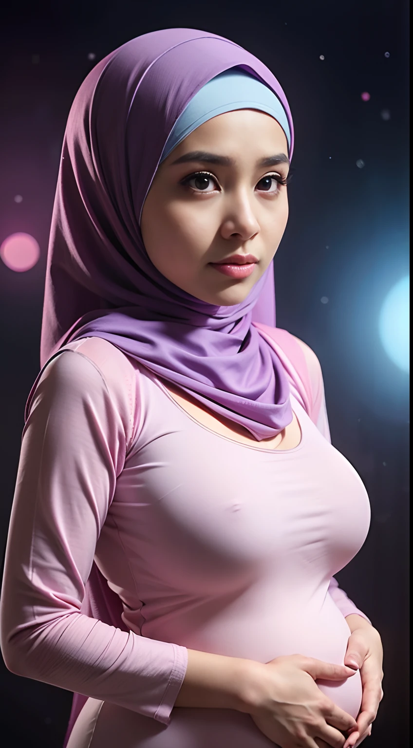 1 malay girl pregnant 9 modern plain hijab, shy, medium portrait shot , watery eyes , big eyes, pink glowing particles, wearing baju kebaya pastel light lilac, (( big breast)), lilac light bokeh background, proportional body,
