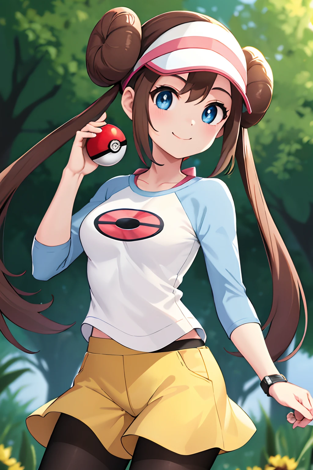 masterpiece, best quality, highres, ro1, hair bun, blue eyes, twintails, visor cap, pantyhose, raglan sleeves, yellow shorts, shirt, pink bow, wristwatch, standing, cowboy shot, field, poke ball \(basic\), smile