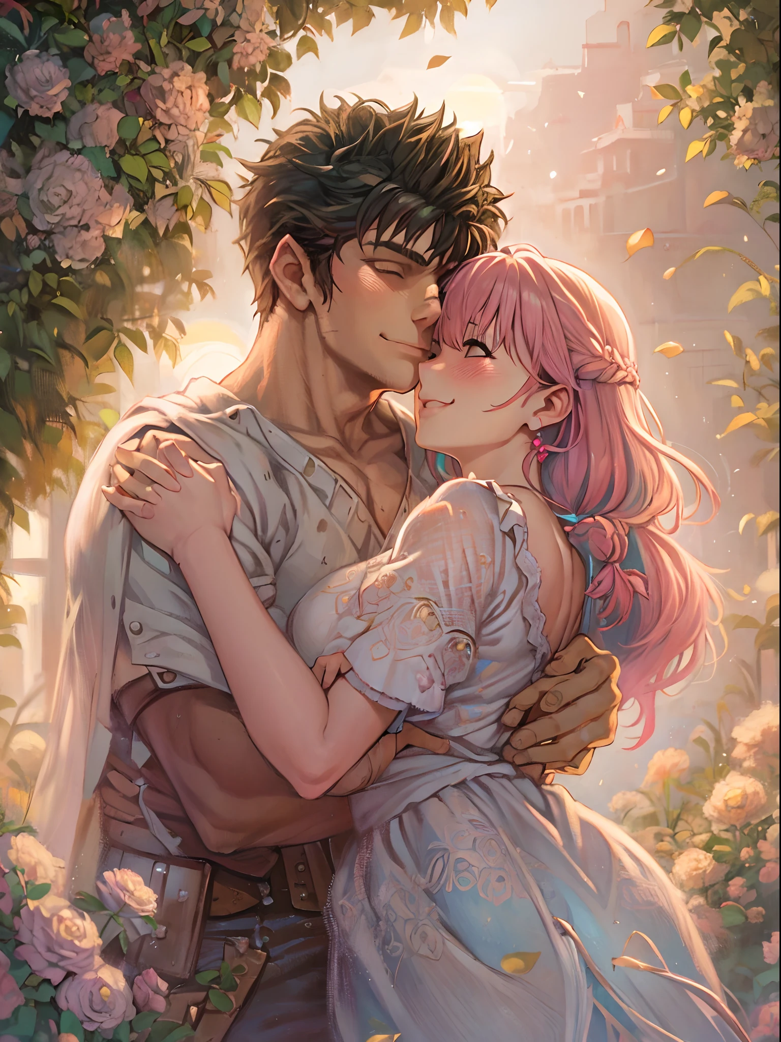 riamu,guts,couple,husband and wife,love dovey couple,sitting,hug,kiss,smile,(best quality,4k,8k,highres,masterpiece:1.2),ultra-detailed,(realistic,photorealistic,photo-realistic:1.37),traditional oil painting,romantic evening scene,soft lighting,vivid colors,expressive brushstrokes,late summer sunset,whispering sweet nothings,gentle breeze,dreamlike atmosphere,glowing warmth,subtle smiles,loving gazes,delicate touch,fingers intertwined,heartfelt connection,embrace that speaks volumes,endless love,unbreakable bond,pure happiness,eternal love,deep affection,contentment in each other's arms,goosebumps of joy,cheeks filled with blush,a moment frozen in time,celebration of love's beauty, berserk, idolm@ster