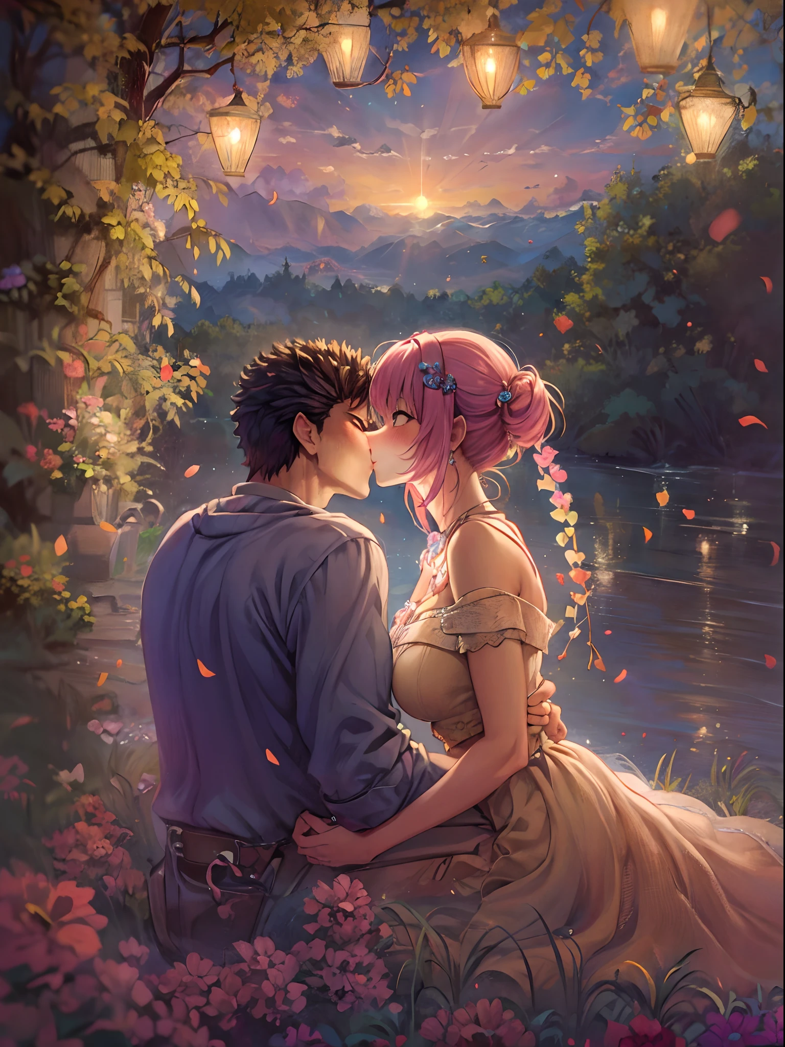 riamu,guts,couple,husband and wife,love dovey couple,sitting,hug,kiss,smile,(best quality,4k,8k,highres,masterpiece:1.2),ultra-detailed,(realistic,photorealistic,photo-realistic:1.37),traditional oil painting,romantic evening scene,soft lighting,vivid colors,expressive brushstrokes,late summer sunset,whispering sweet nothings,gentle breeze,dreamlike atmosphere,glowing warmth,subtle smiles,loving gazes,delicate touch,fingers intertwined,heartfelt connection,embrace that speaks volumes,endless love,unbreakable bond,pure happiness,eternal love,deep affection,contentment in each other's arms,goosebumps of joy,cheeks filled with blush,a moment frozen in time,celebration of love's beauty, berserk, idolm@ster