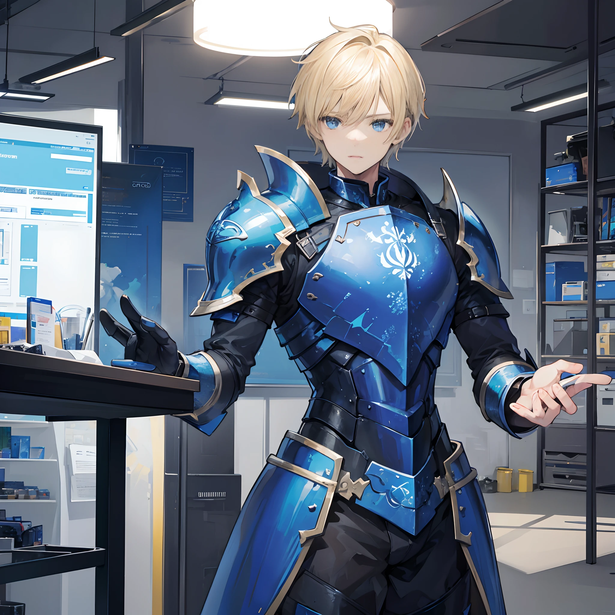 A man in short blonde hair, blue armour is speaking, a workshop in background
