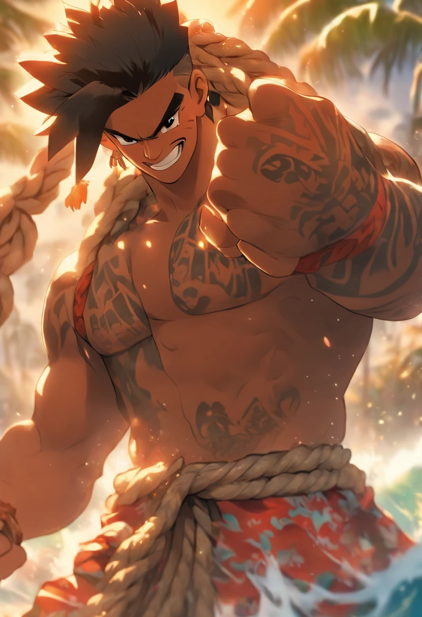 (((Hawaiian holding a rope)) best quality, ultra-high resolution, 4K detailed CG, masterpiece, Maui, man, holding, pulling, Hawaiian clothes, Maori tattoos, ((rope in hands)) , Style of Maori image, aesthetic, screen-centered, full body