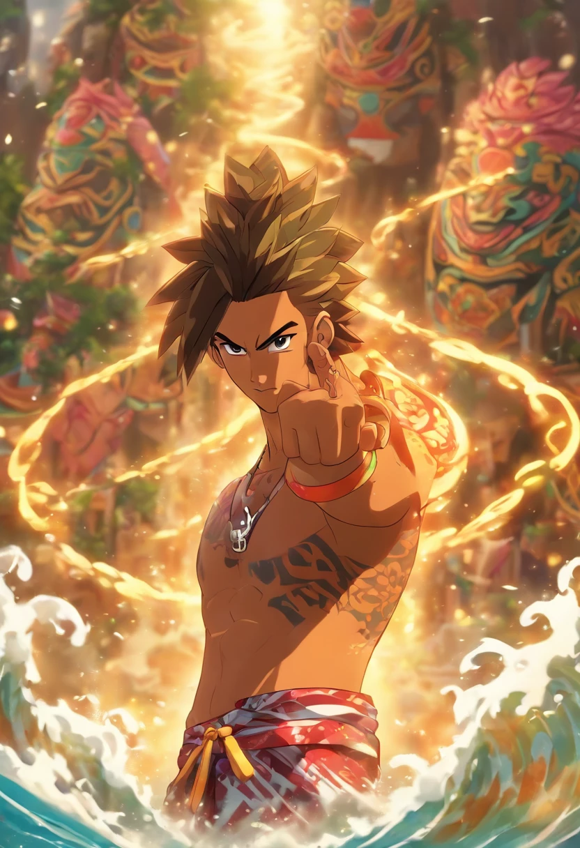 (((Havaiano prendendo uma corda)) best quality, ultra-high resolution, CG detalhado 4K, master part, Maui, Man, Puxando, Ligar, Roupas havaianas, tatuagens maori, ((puxando corda)) , Estilo de imagem Maori, aesthetic, Centrado na tela, corpo inteiro