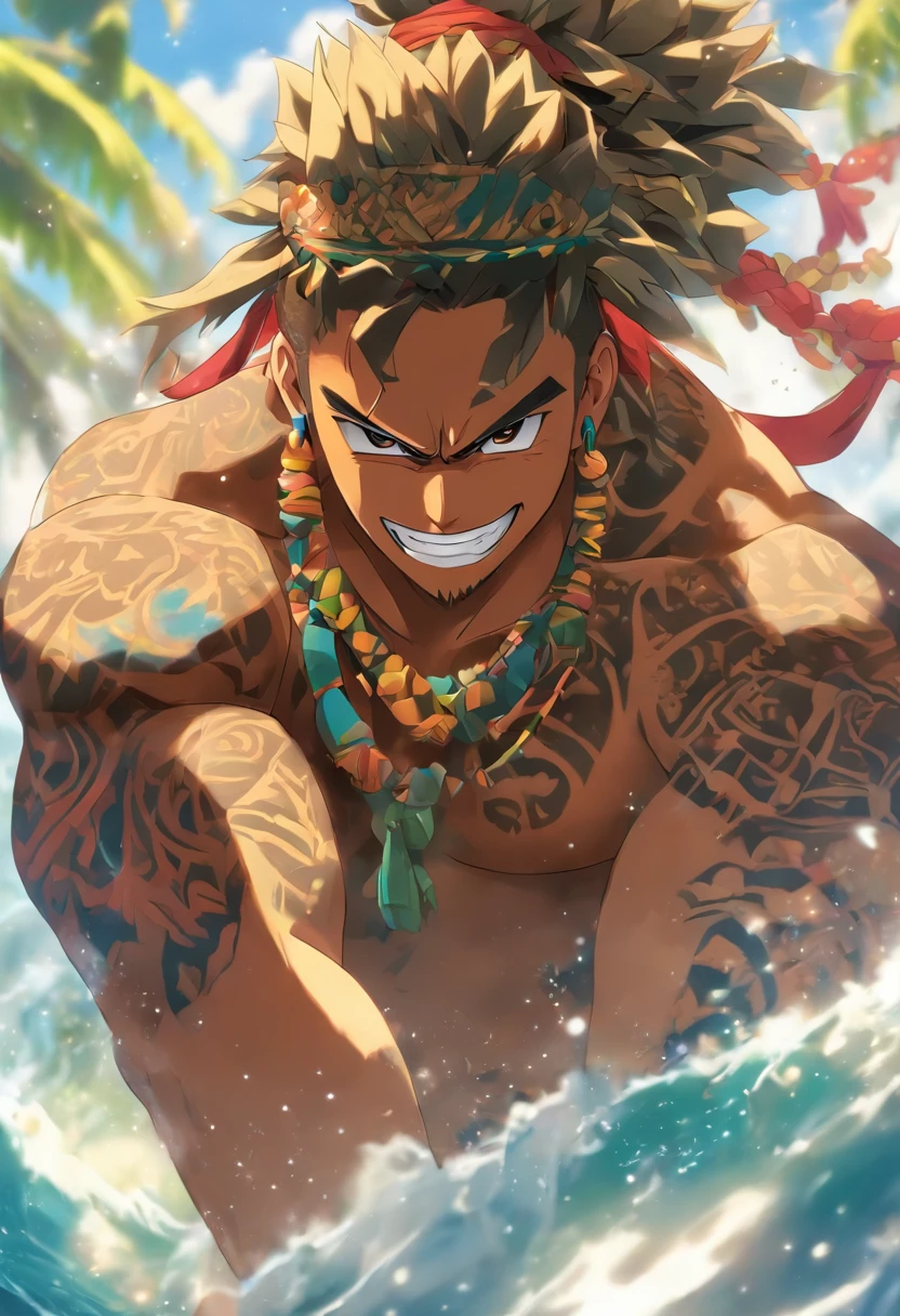 (((Havaiano prendendo uma corda)) best quality, ultra-high resolution, CG detalhado 4K, master part, Maui, Man, Puxando, Ligar, Roupas havaianas, tatuagens maori, ((puxando corda)) , Estilo de imagem Maori, aesthetic, Centrado na tela, corpo inteiro
