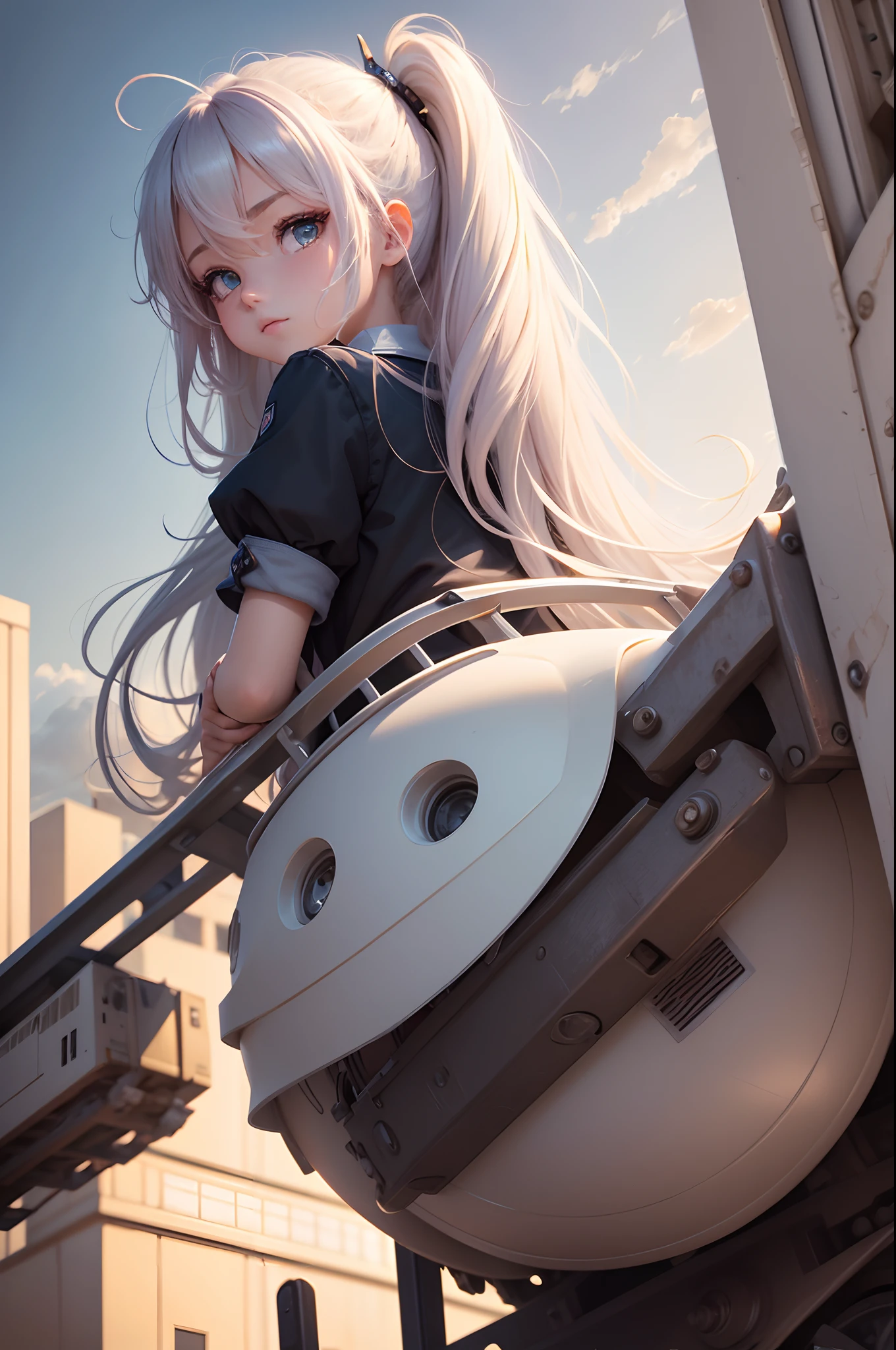 masterpiece, top quality, highly detailed, Unity 8k wallpaper, (riding a crane truck), firmament, girl 1 person, heavy machinery, gradient hair, hair between eyes, ahoge, age: 16, looking back, pretty face, white neeso,