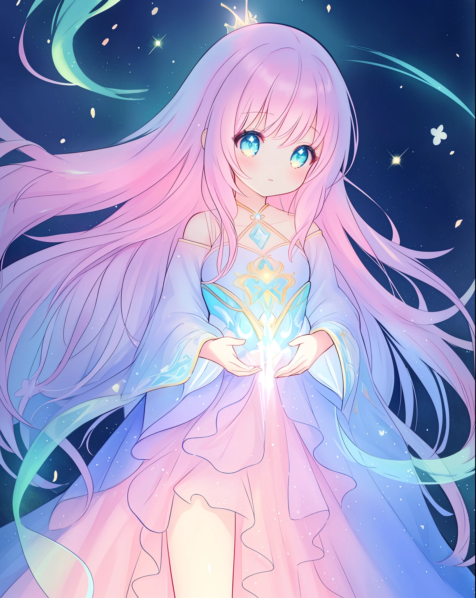 beautiful anime girl in multi-layered ballgown with puffy long sleeves, vibrant pastel colors, (colorful), magical lights, colorful long hair made of liquid light, sparkling lines of light, inspired by Glen Keane, inspired by Lois van Baarle, disney art style, by Lois van Baarle, glowing aura around her, by Glen Keane, jen bartel, glowing lights! digital painting, flowing glowing hair, glowing flowing hair, beautiful digital illustration, fantasia background, whimsical, magical, fantasy, beautiful face, ((masterpiece, best quality)), intricate details, highly detailed, sharp focus, 8k resolution, sparkling detailed eyes, liquid watercolor