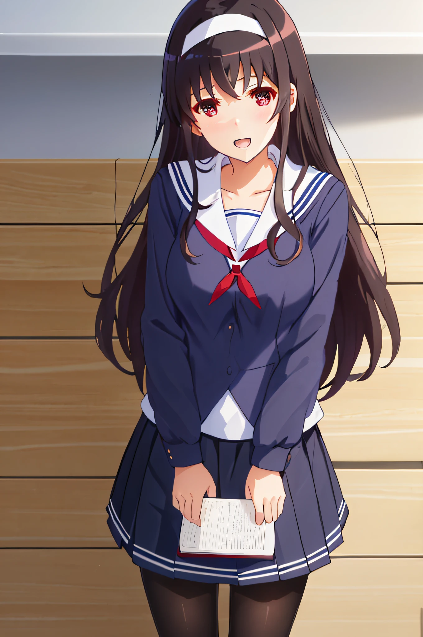 best quality, masterpiece, ph utaha, 1girl, long hair, solo, blue school uniform, hairband, black hair, skirt, black pantyhose, red eyes, smile, open mouth, leaning forward, arms behind back, pleated skirt, black serafuku, bangs, book, breasts, blush, long sleeves