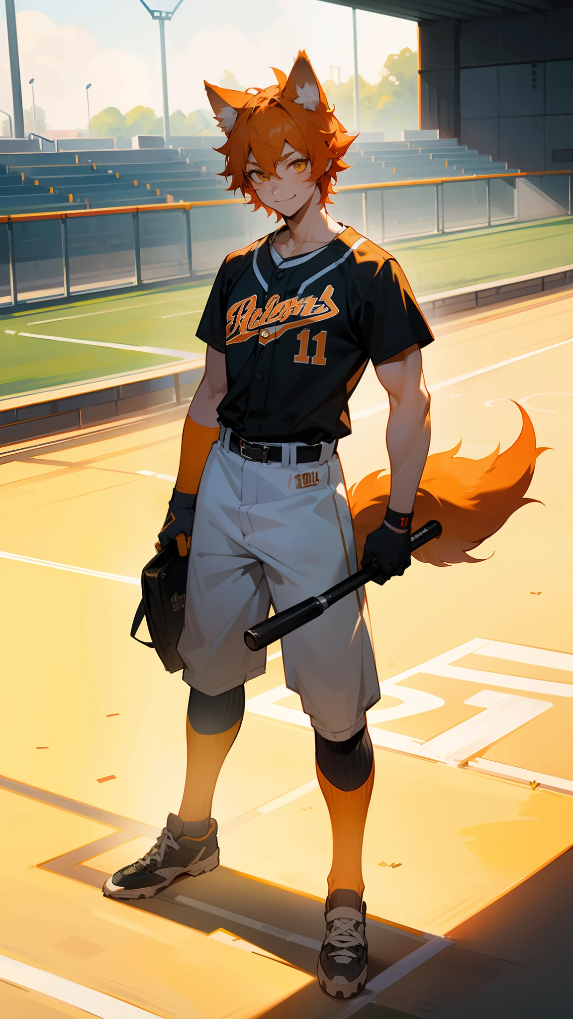1boy,solo,20s,muscles,happy face,baseball outdit, orange hair,short hair,yellow eyes,wolf ears,1wolf tail,(((standing in a high school baseball stadium)))