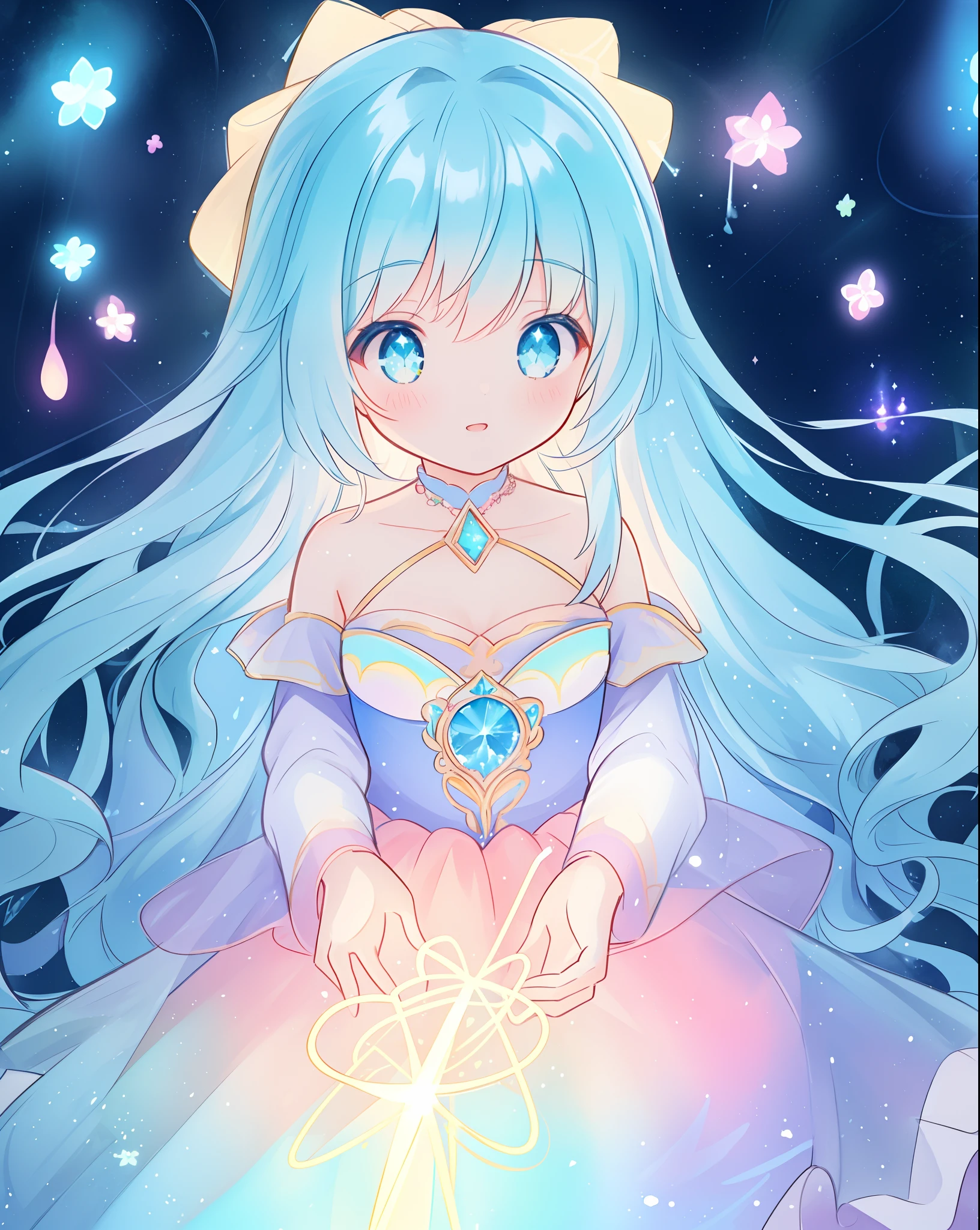 beautiful anime girl in multi-layered ballgown with puffy long sleeves, vibrant pastel colors, (colorful), magical lights, colorful long hair made of liquid light, sparkling lines of light, inspired by Glen Keane, inspired by Lois van Baarle, disney art style, by Lois van Baarle, glowing aura around her, by Glen Keane, jen bartel, glowing lights! digital painting, flowing glowing hair, glowing flowing hair, beautiful digital illustration, fantasia background, whimsical, magical, fantasy, beautiful face, ((masterpiece, best quality)), intricate details, highly detailed, sharp focus, 8k resolution, sparkling detailed eyes, liquid watercolor