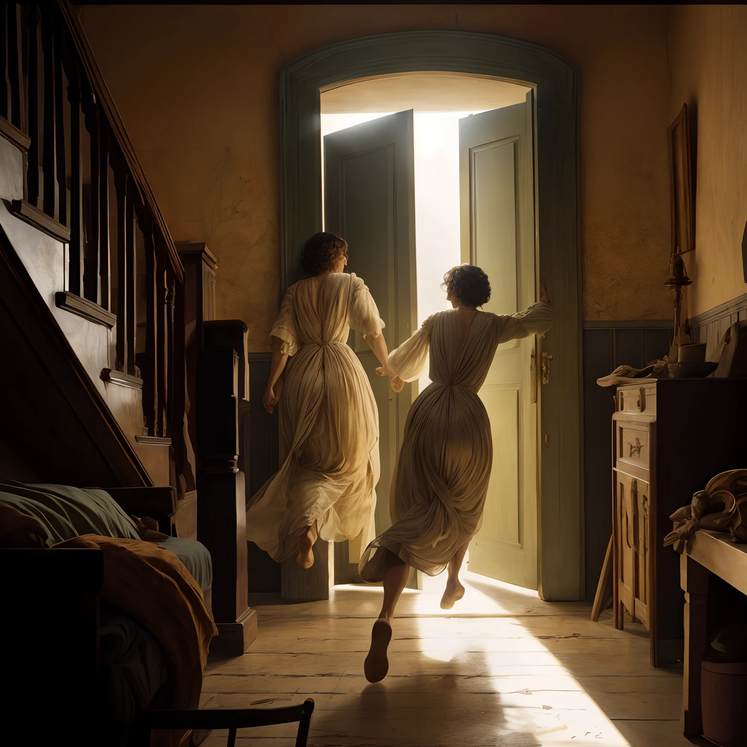 Two women in dresses run towards a door of a room, Motor irreal. retro film still, cena do filme, Motor irreal. filme ainda, ainda do filme, FilmStill, cena de abertura, ainda do filme, Karl Spitzweg. Motor irreal, global ilumination. VFX, art nouveau octane render, filme de cinema., kramskoi 4 mil
