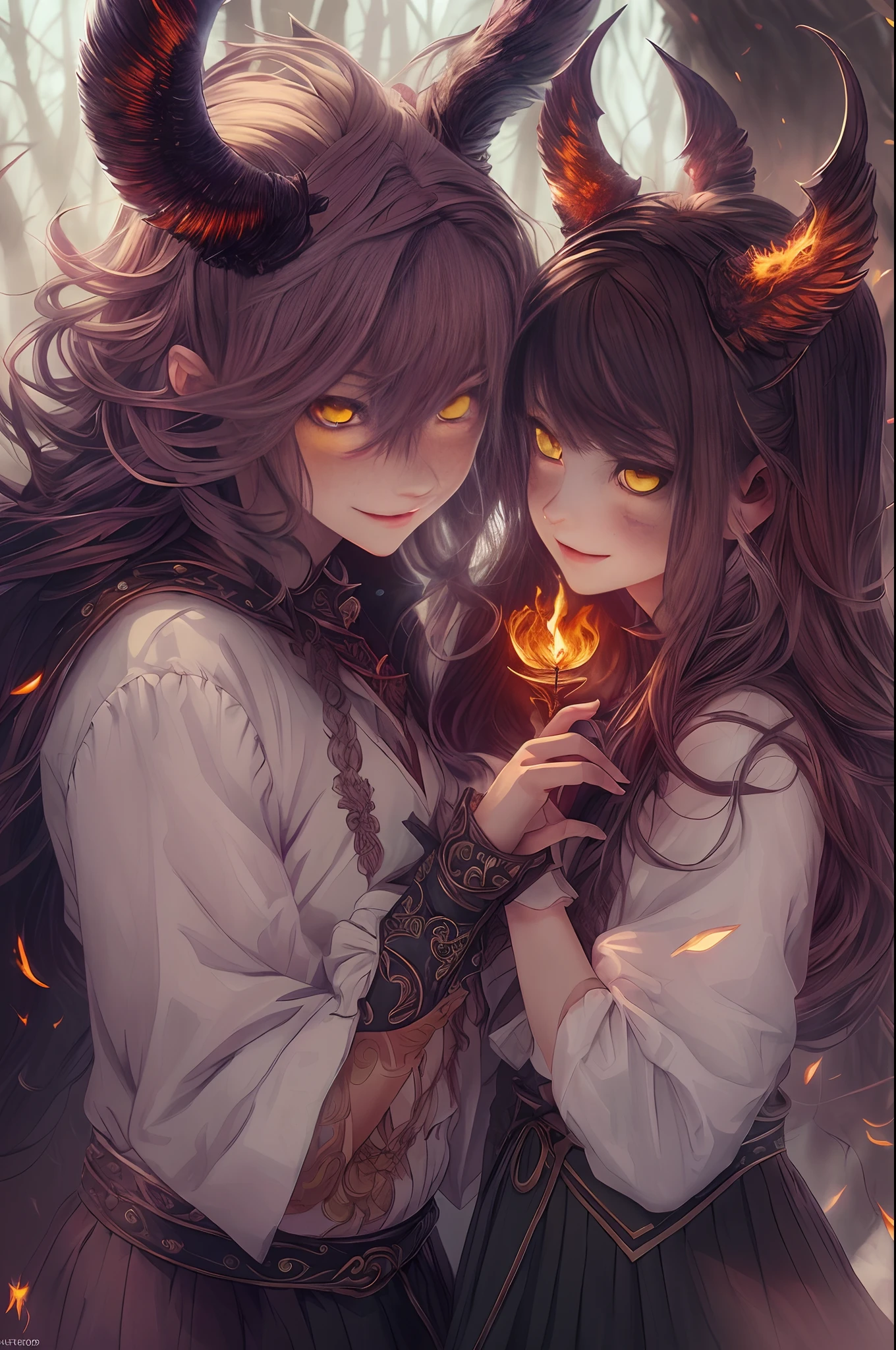 (best quality,4k,8k,highres,masterpiece:1.2),ultra-detailed,(realistic,photorealistic,photo-realistic:1.37),devil boy and girl holding hands,beautiful detailed eyes,beautiful detailed lips,demonic atmosphere,playful and mischievous expressions,dark and mysterious background,nighttime setting,gloomy lighting,sharp focus,dynamic poses,whimsical and colorful illustrations,creative shading techniques,fantasy art style,vivid colors,contrast between light and shadow,supernatural powers,enchanted forest,outfits in dark tones,cute and mischievous facial features,cartoonish yet detailed renderings,flaming red hair for the boy,long flowing hair for the girl,detailed and intricate accessories on their outfits,magical sparks and glowing effects around their hands,subtle hints of mischief in their expressions,joyful and mischievous atmosphere,amazing attention to detail,little devil horns on their heads,curved tails wrapped around their hands,demonic wings,evil grins,glowing yellow eyes,dark and mysterious aura,whimsical and dreamlike atmosphere,fantastical elements,enchanted forest as the backdrop,playful interaction between the boy and girl,expressive emotions,imagination at its best,captivating and dynamic artwork,a celebration of the supernatural,unleashing their magical powers,creating a sense of wonder and adventure with every stroke,artistic interpretation of an otherworldly bond between a devil boy and girl
Negative Prompts